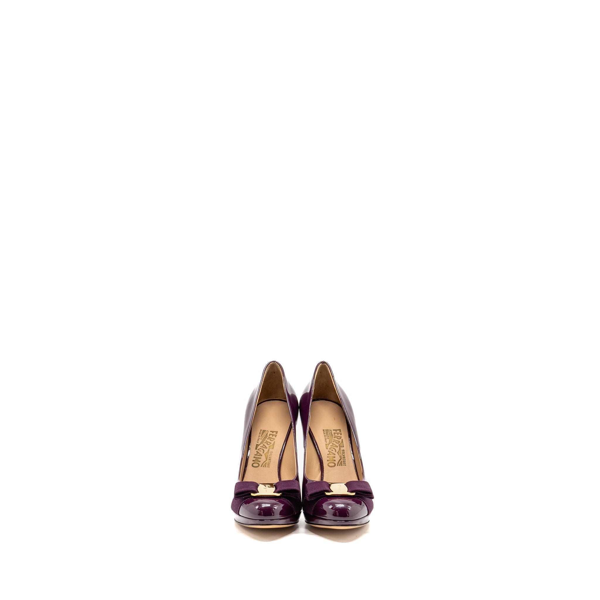 SALVATORE FERRAGAMO VARA BOW PUMPS PATENT PURPLE GHW