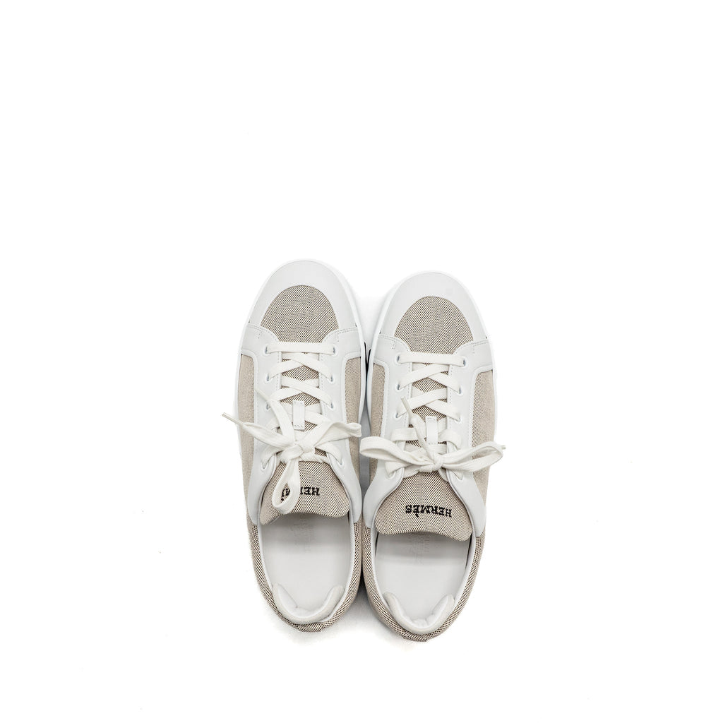 HERMES FEMME KID SNEAKER TOILE H / LEATHER PRUNOIR / BLANC