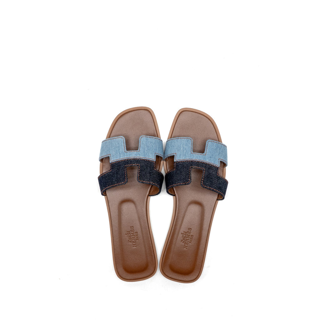 HERMES ORAN SANDALS DENIM/LEATHER BLEU BRUT/BLEU