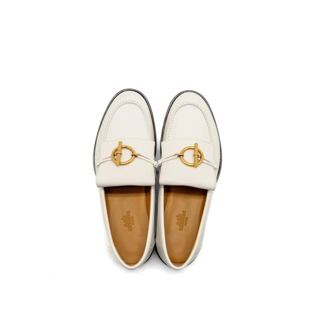 HERMES MOCASSINS IMPACT LOAFERS CALFSKIN BLANC DE PARIS GHW