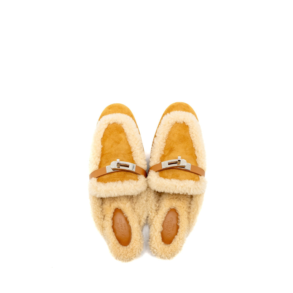 HERMES OZ MULE SUEDE GOATSKIN SHEARLING NATUREL SHW