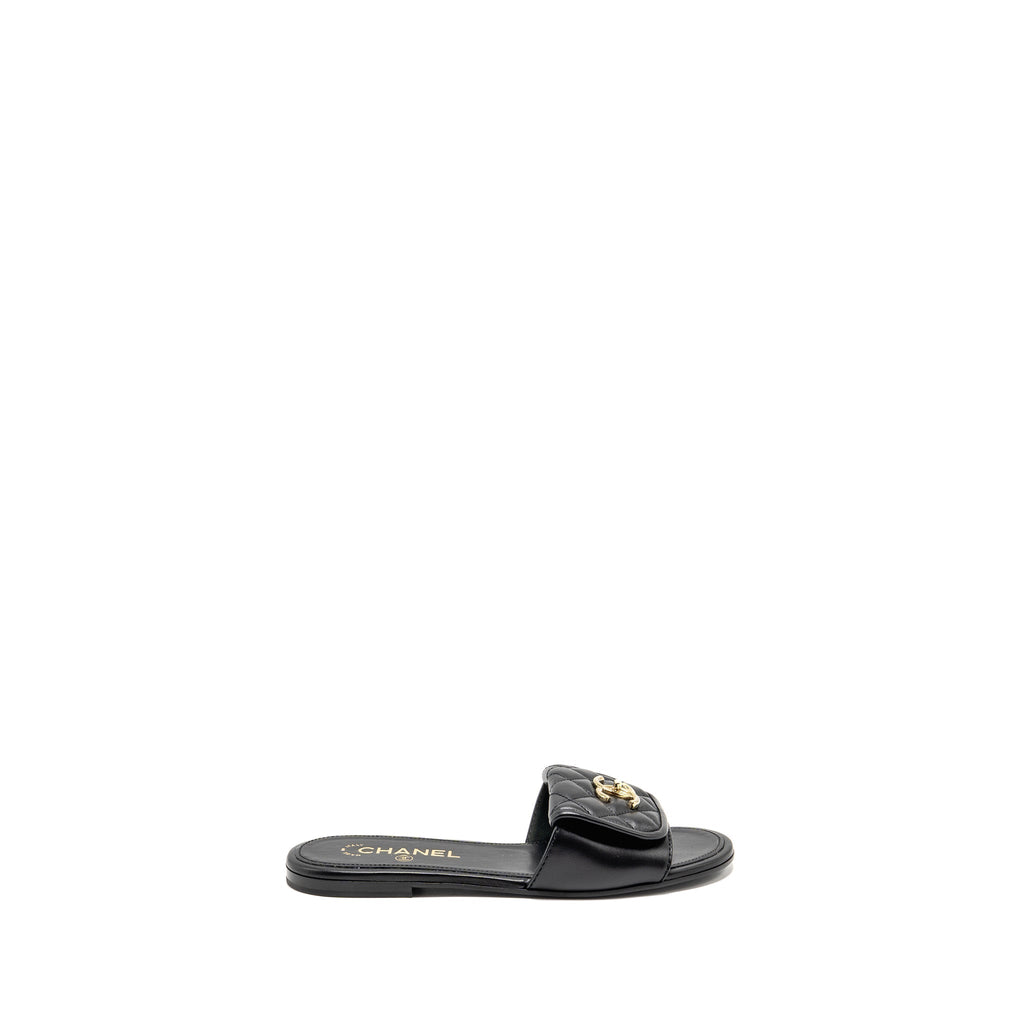 CHANEL QUILTED CC SLIDE SANDALS LEATHER BLACK LGHW