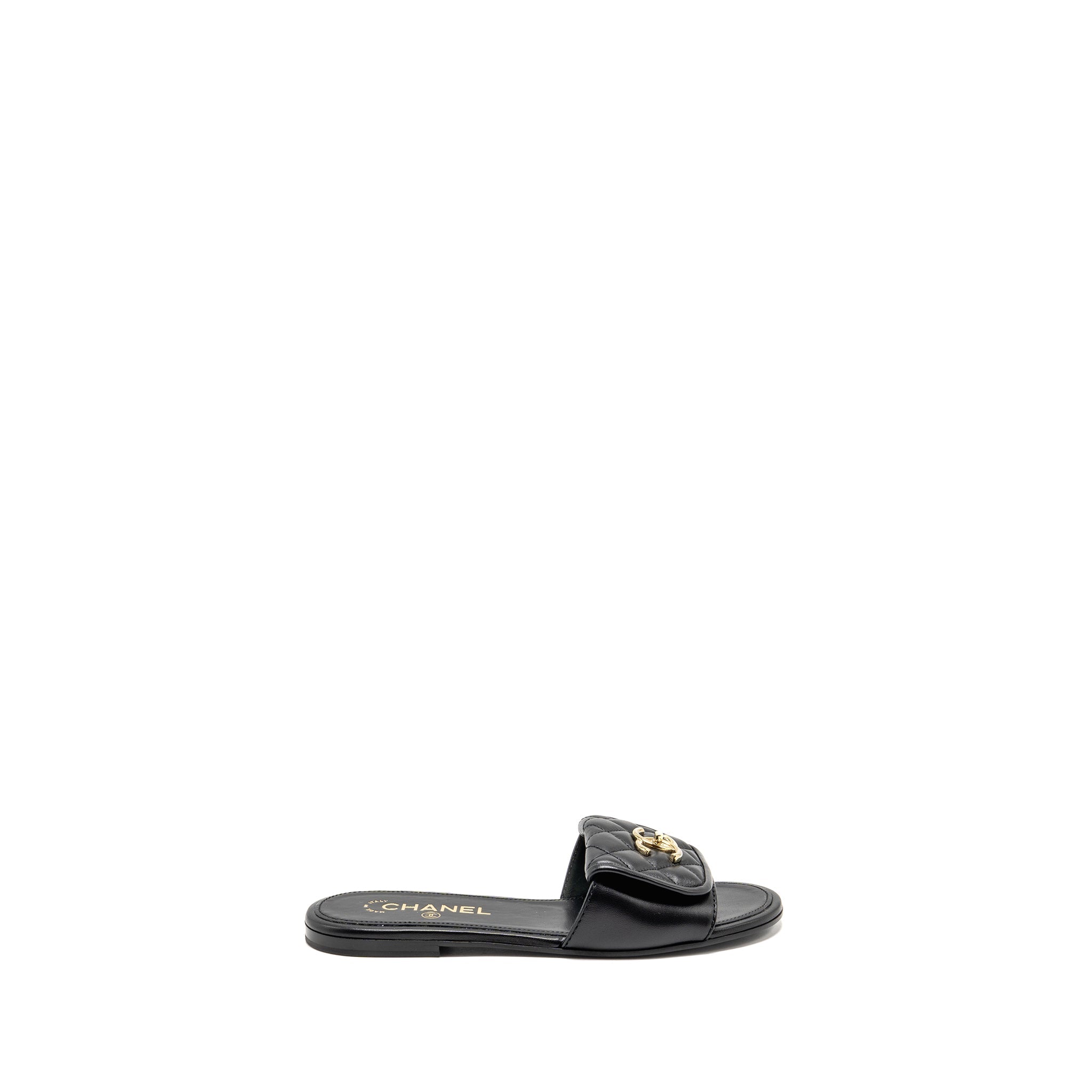 CHANEL QUILTED CC SLIDE SANDALS LEATHER BLACK LGHW