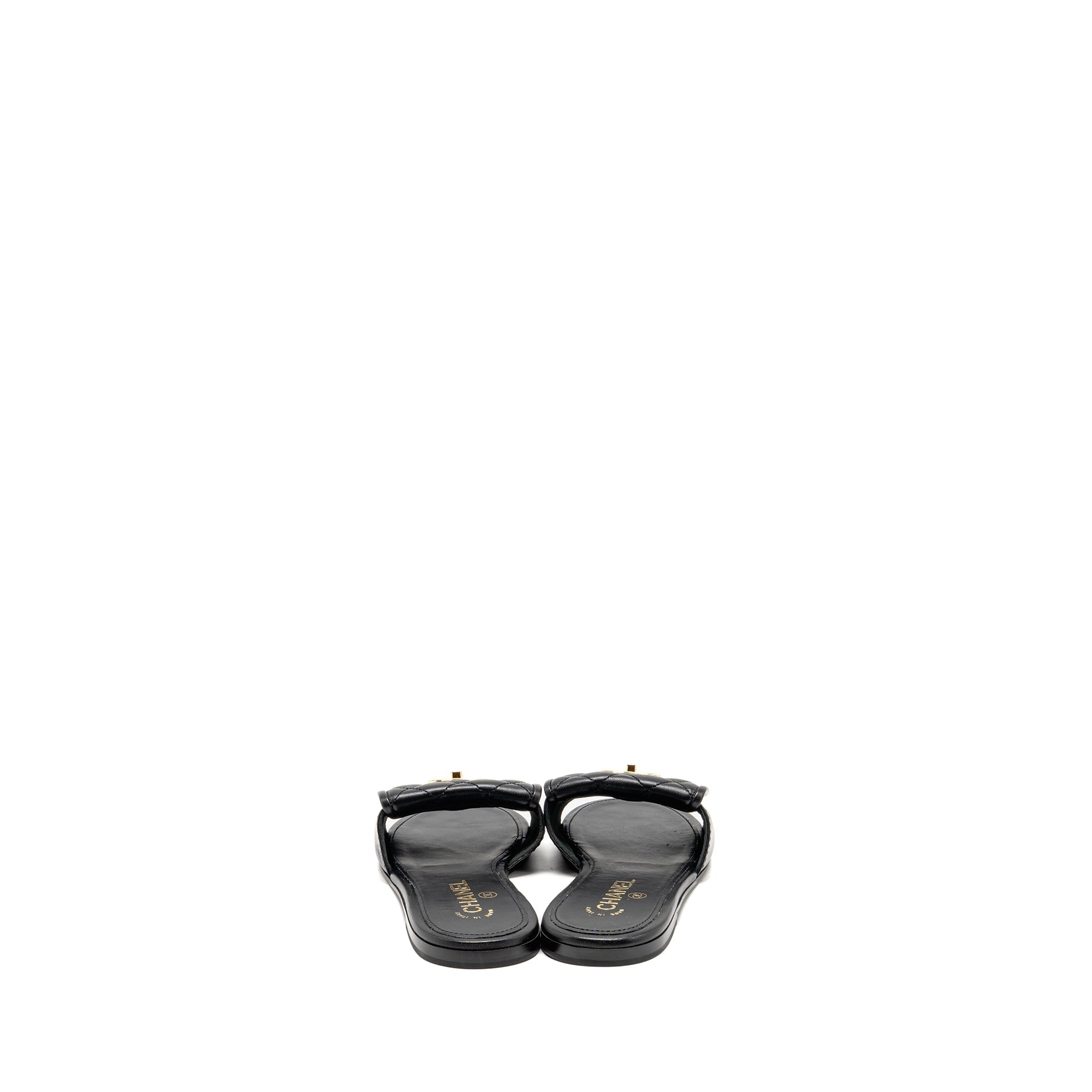 CHANEL QUILTED CC SLIDE SANDALS LEATHER BLACK LGHW