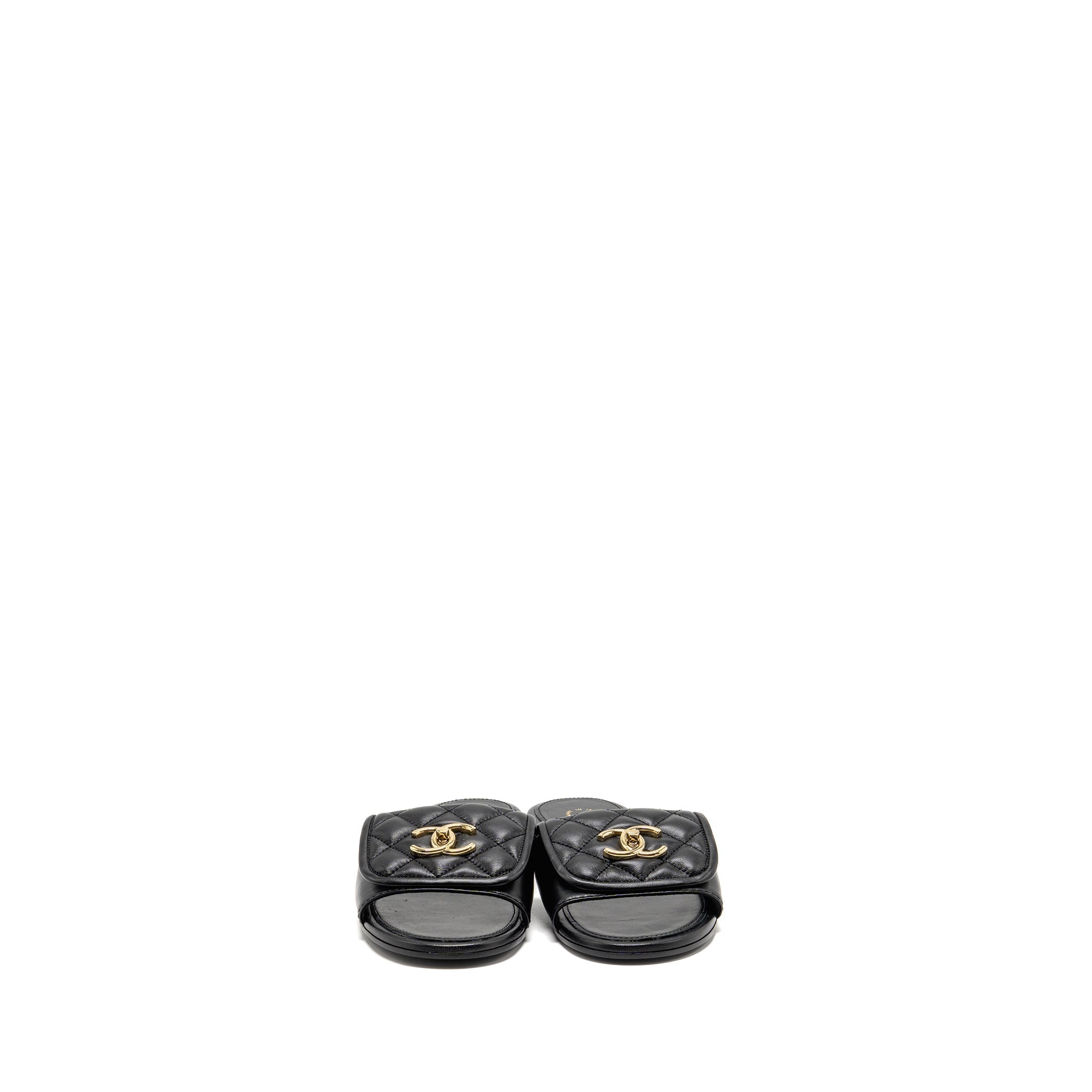 CHANEL QUILTED CC SLIDE SANDALS LEATHER BLACK LGHW
