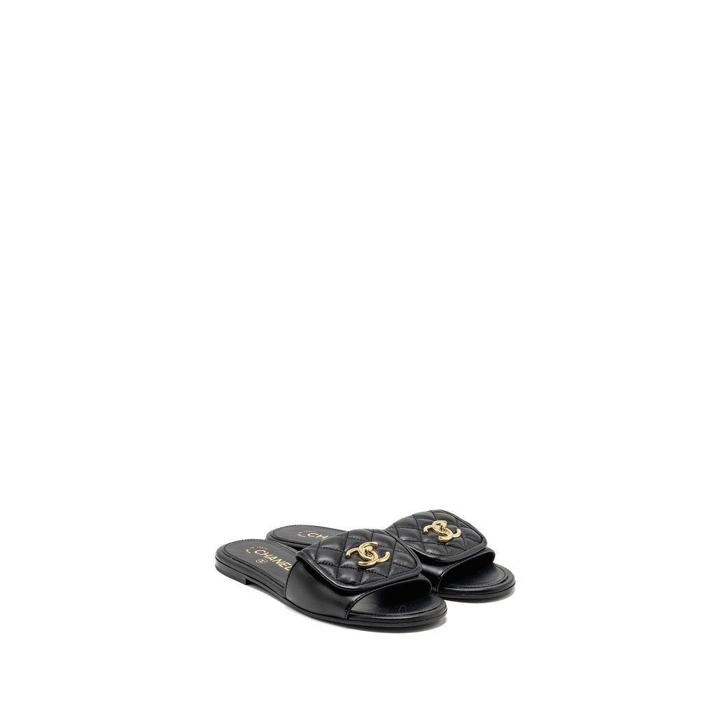 CHANEL QUILTED CC SLIDE SANDALS LEATHER BLACK LGHW