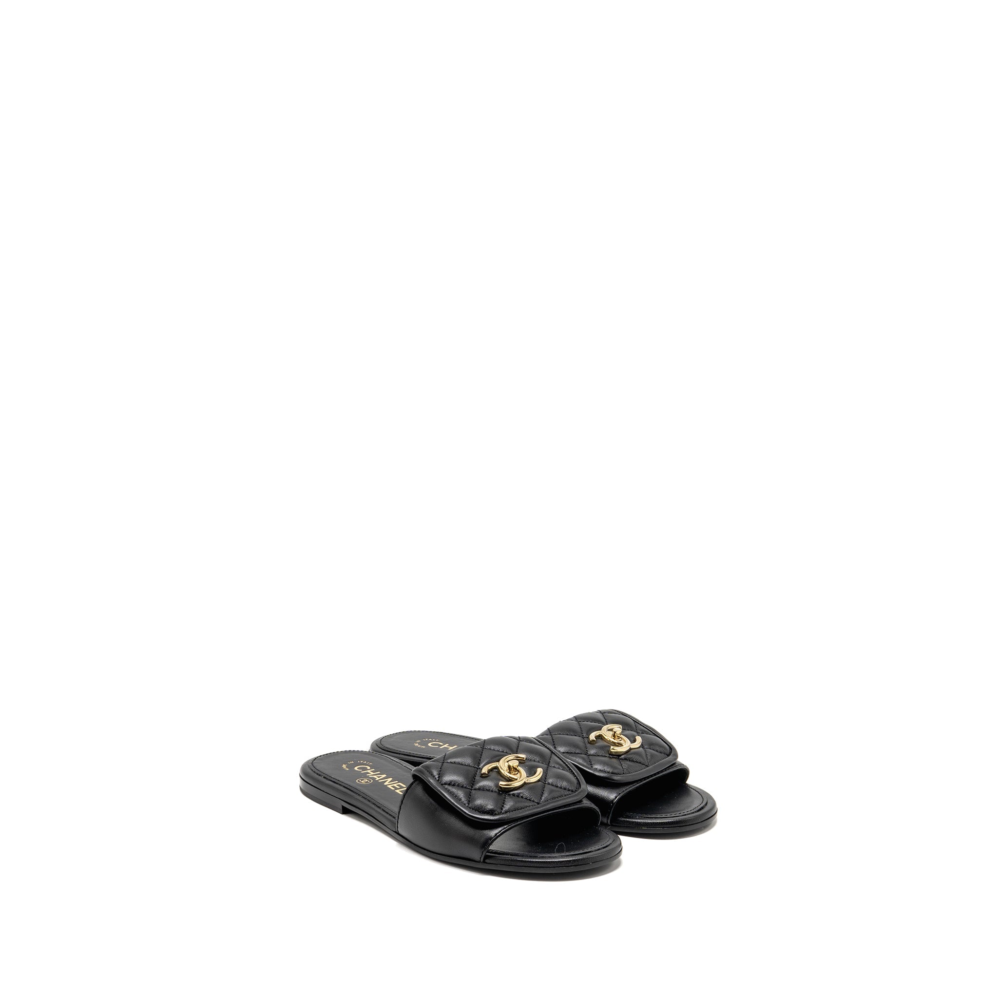 CHANEL QUILTED CC SLIDE SANDALS LEATHER BLACK LGHW