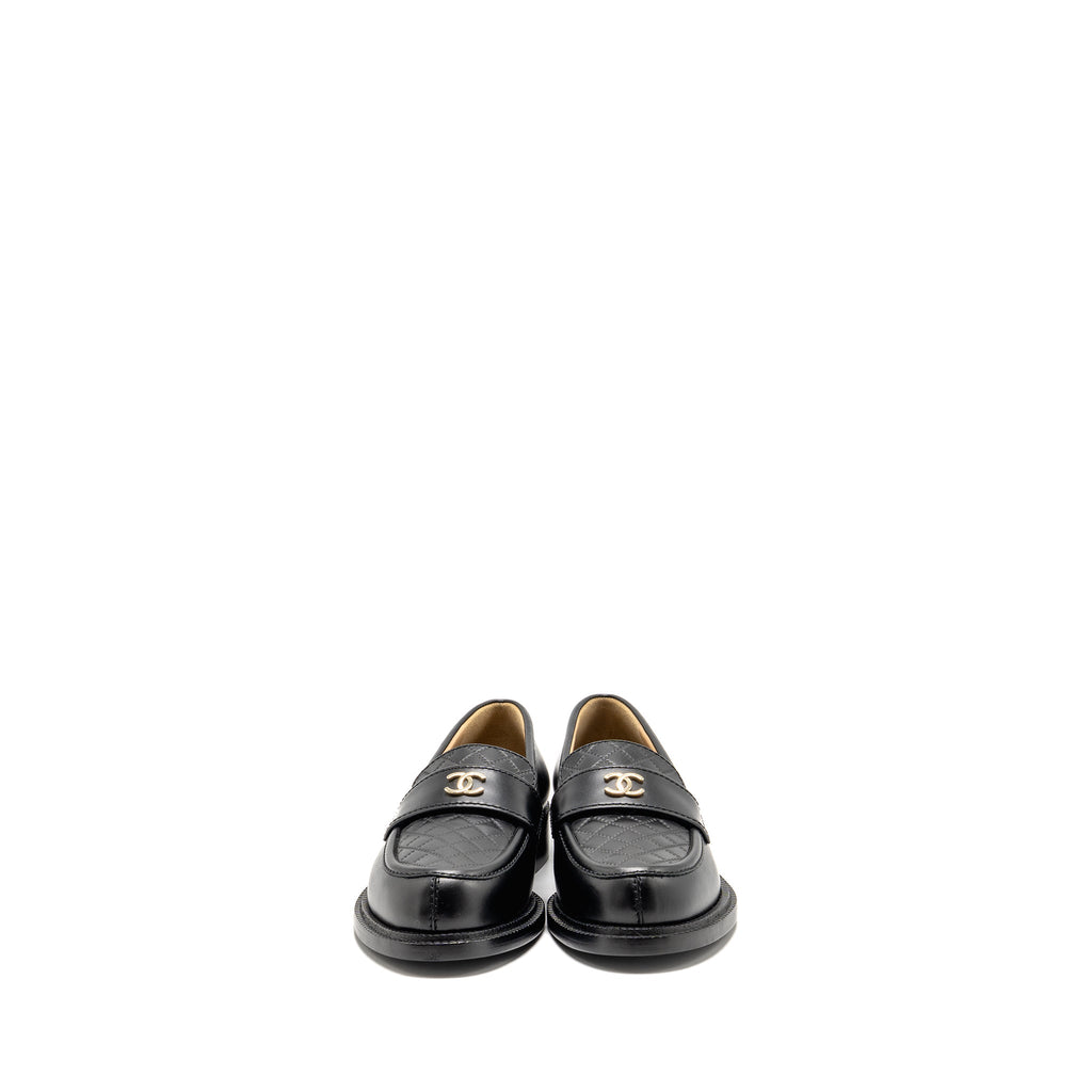 CHANEL CC QUILTED LOAFERS LEATHER BLACK LGHW