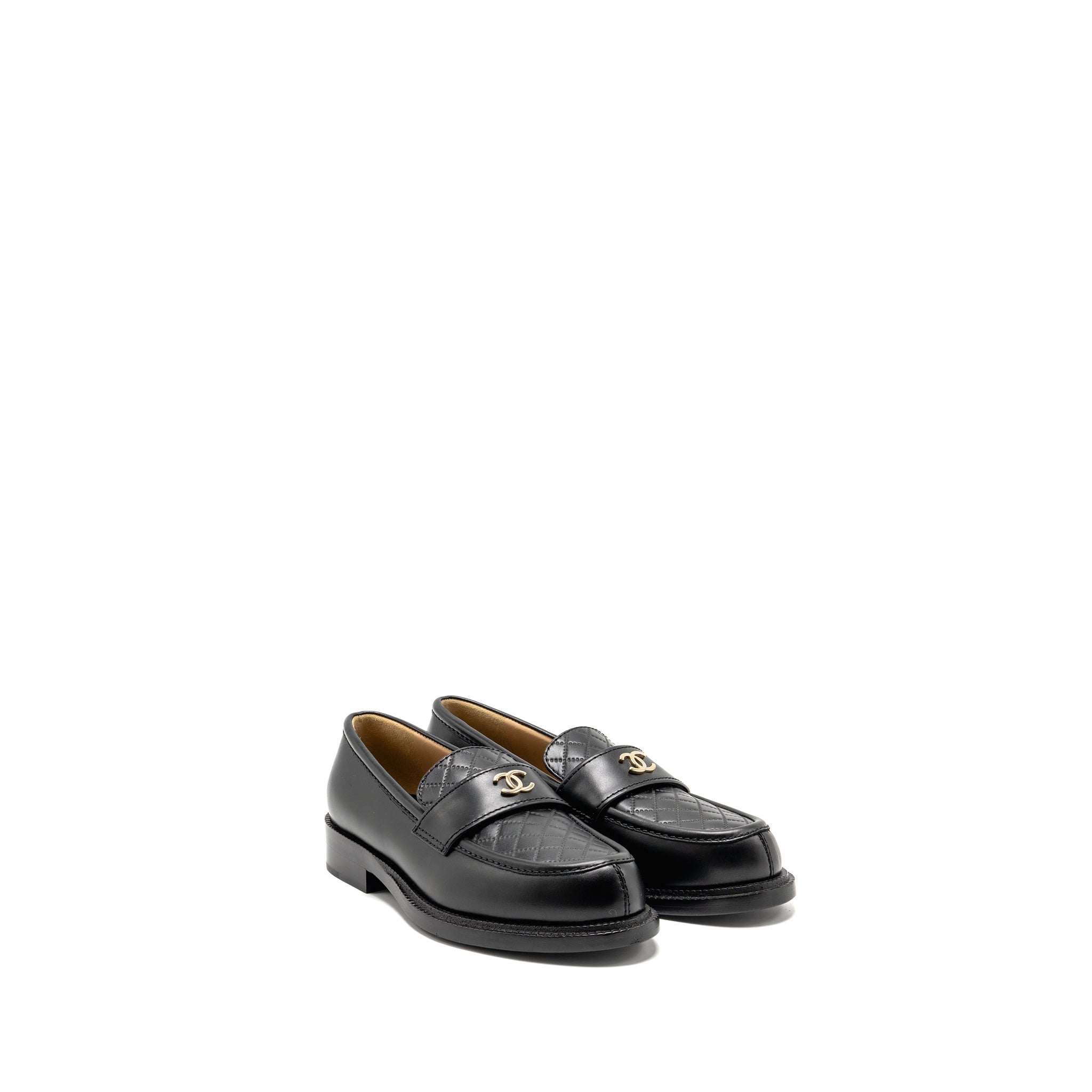 CHANEL CC QUILTED LOAFERS LEATHER BLACK LGHW