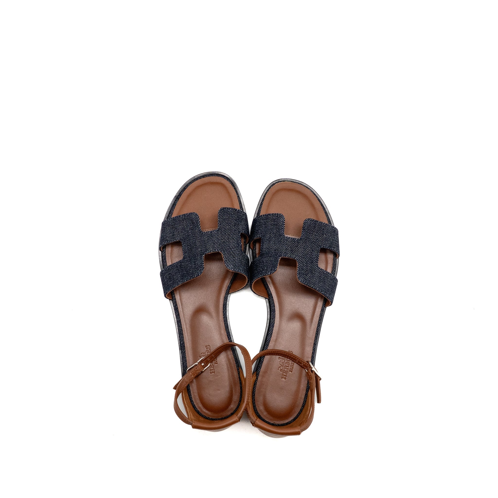 HERMES SANTORINI SANDALS DENIM/LEATHER BLEU BRUT / GOLD SHW