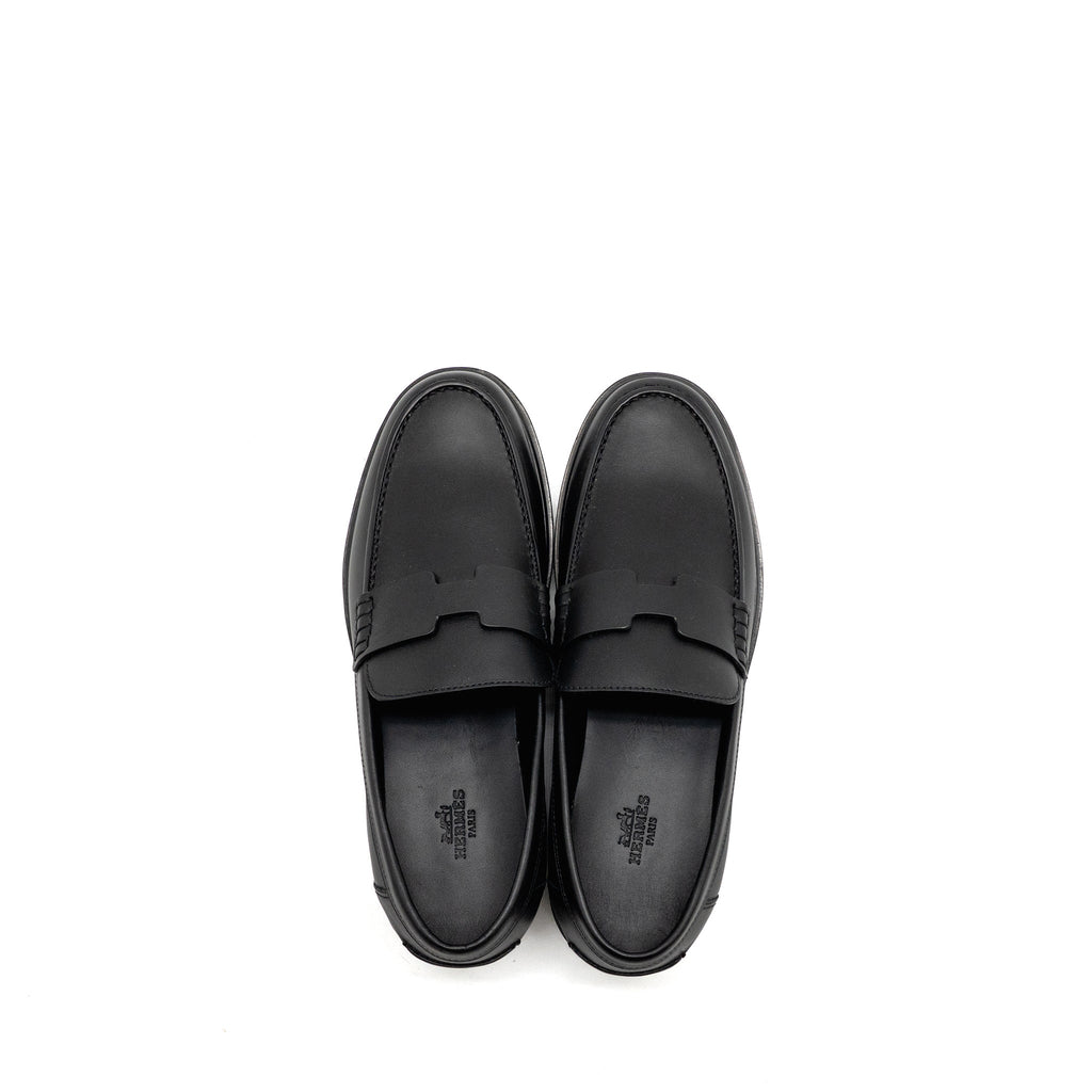 HERMES MOCASSINS HITCH LOAFER GLAZED CALFSKIN BLACK