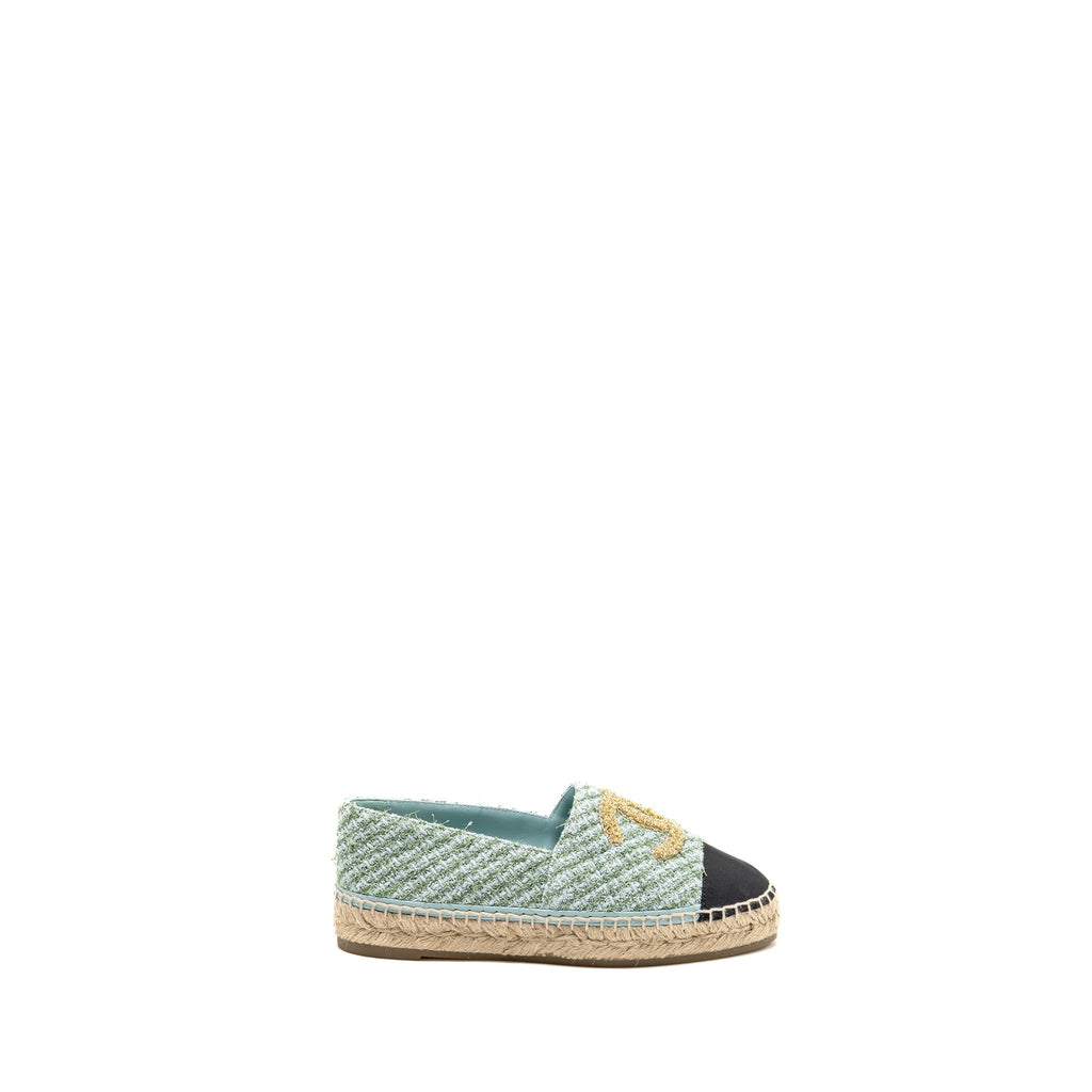 CHANEL 23S ESPADRILLES TWEED/GROSGRAIN LIGHT BLUE/GREEN/BLACK