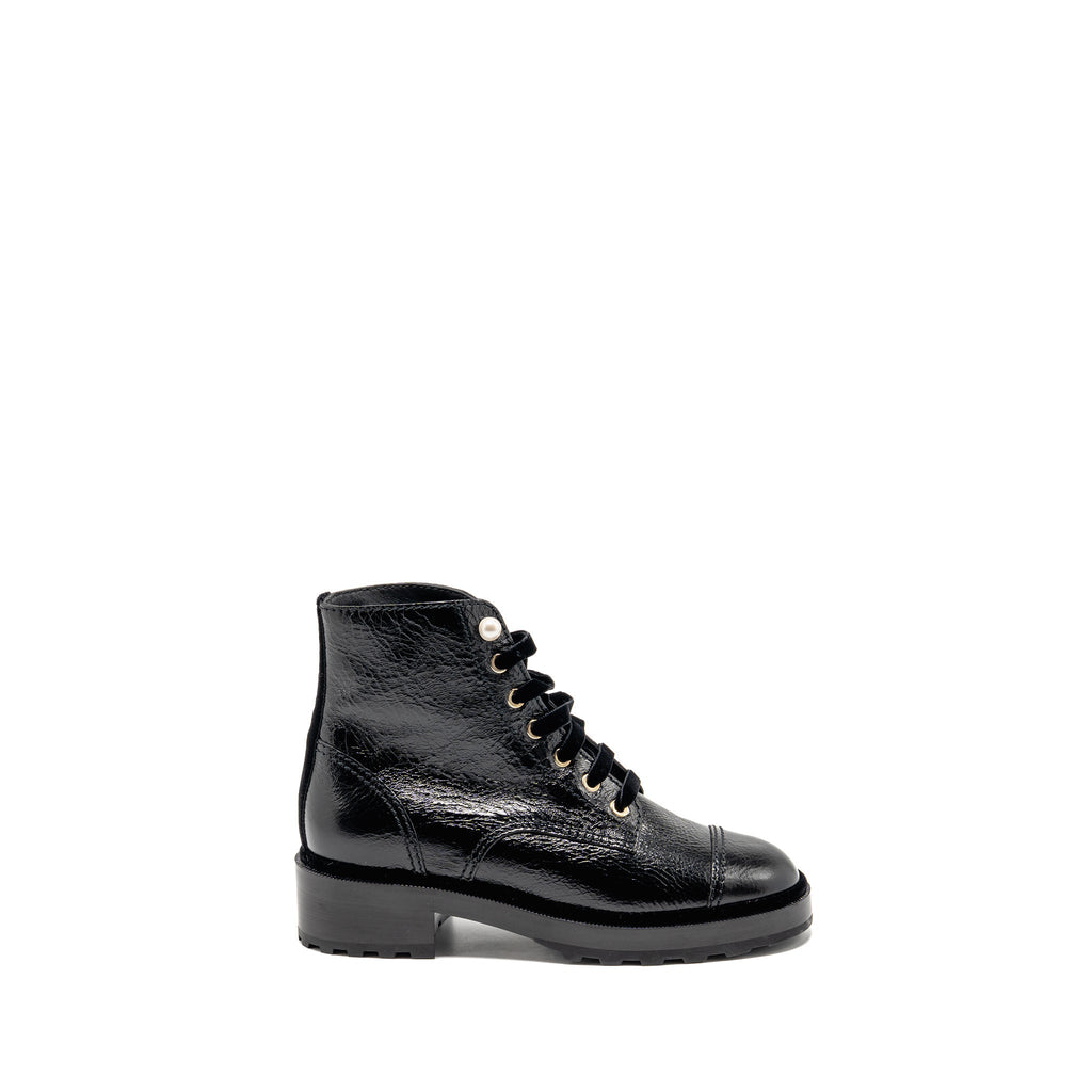CHANEL LACE UP BOOTS SHINY CALFSKIN BLACK