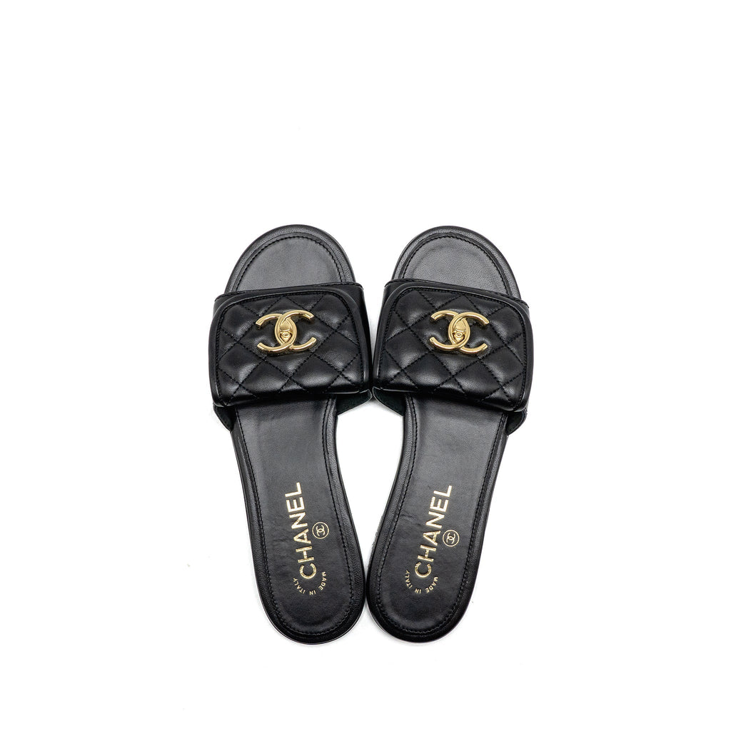 CHANEL QUILTED CC SLIDE SANDALS LEATHER BLACK LGHW