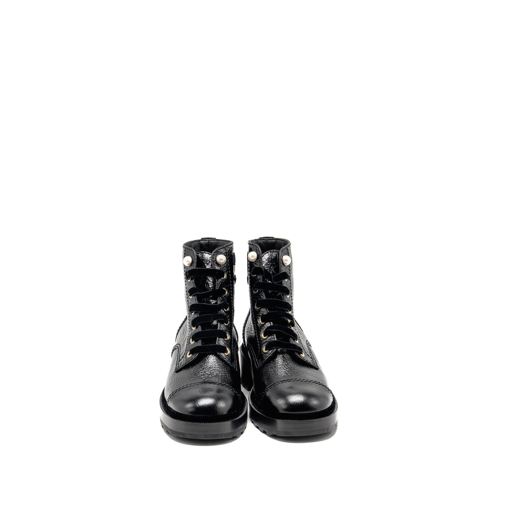 CHANEL LACE UP BOOTS SHINY CALFSKIN BLACK