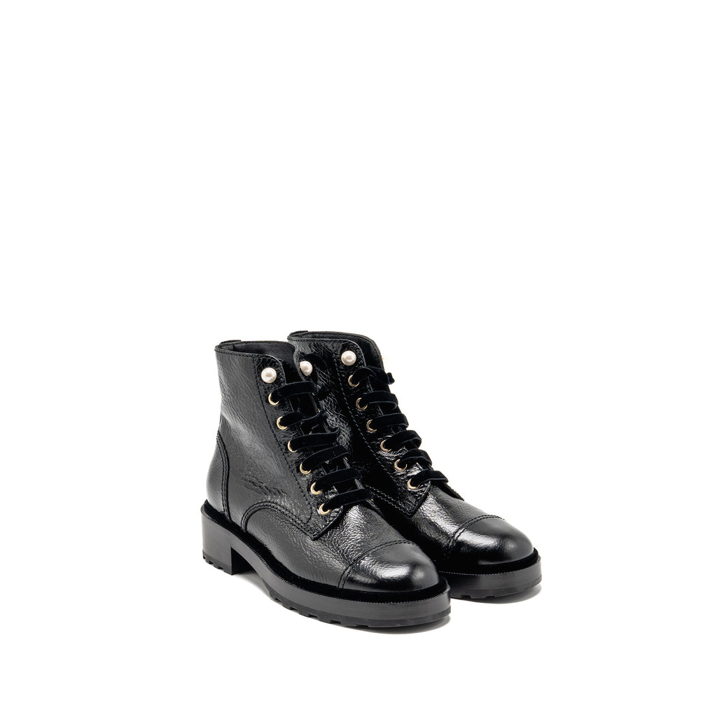 CHANEL LACE UP BOOTS SHINY CALFSKIN BLACK