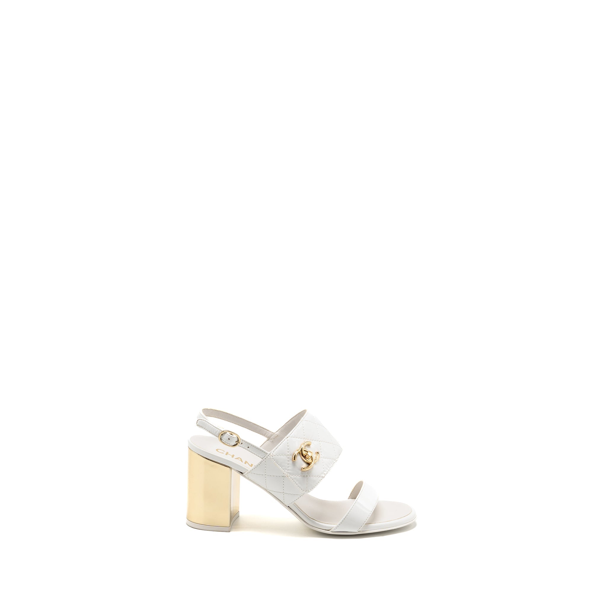 CHANEL 23P CC LOGO SANDALS PATENT GOATSKIN WHITE GHW