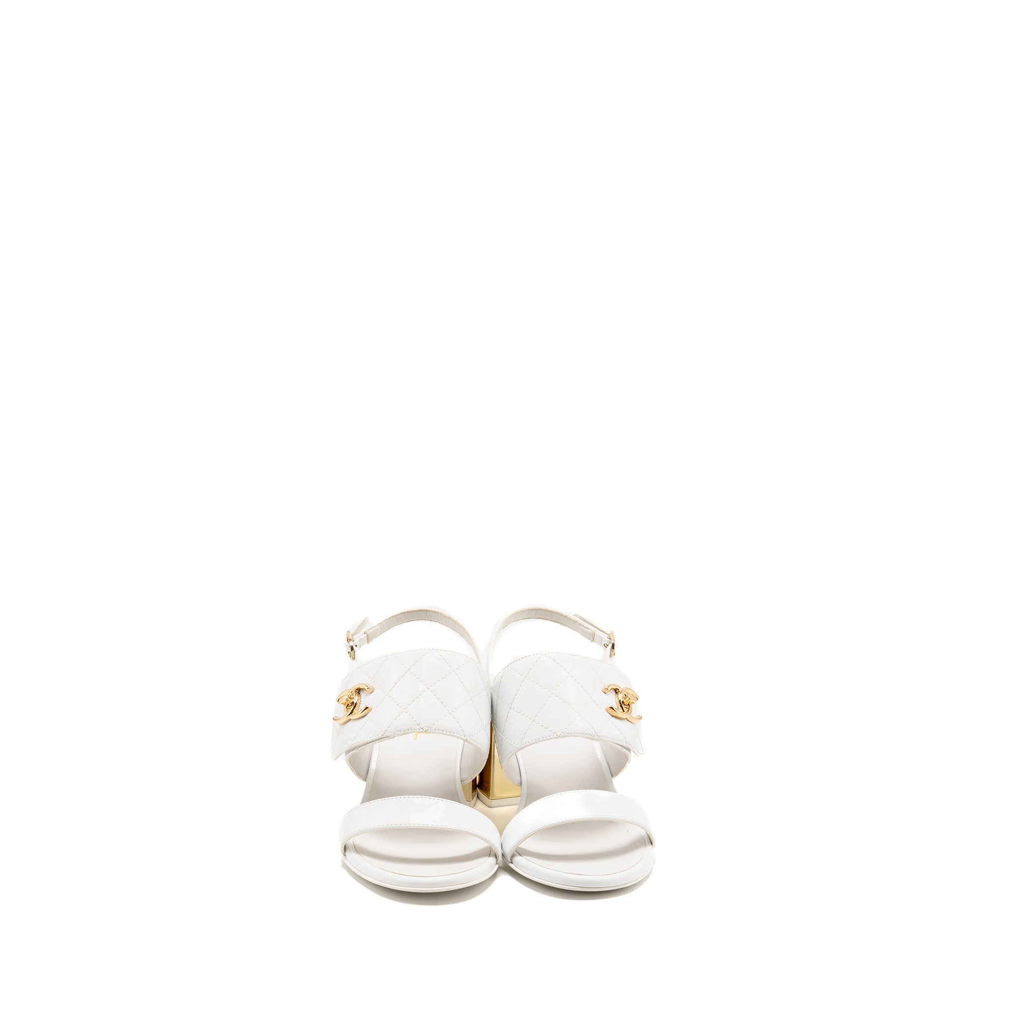 CHANEL 23P CC LOGO SANDALS PATENT GOATSKIN WHITE GHW