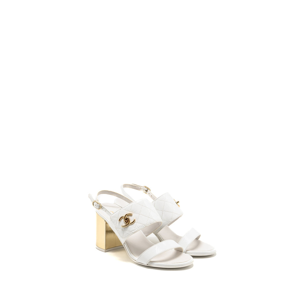 CHANEL 23P CC LOGO SANDALS PATENT GOATSKIN WHITE GHW