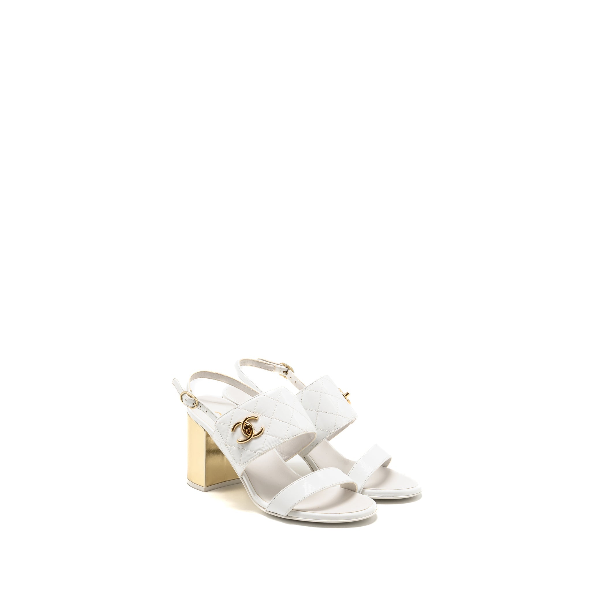 CHANEL 23P CC LOGO SANDALS PATENT GOATSKIN WHITE GHW