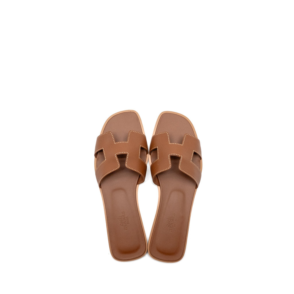 HERMES ORAN SANDAL BOX CALFSKIN GOLD
