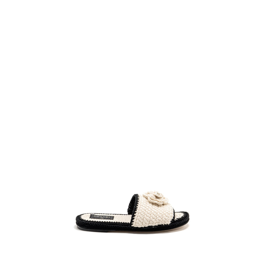 CHANEL 23C CAMELLIA CROCHET MULES SANDALS IVORY / BLACK