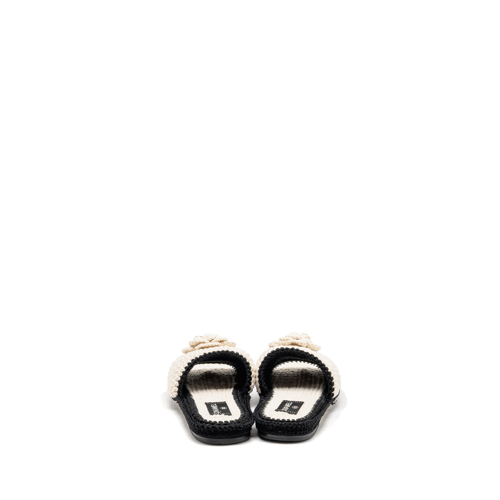 CHANEL 23C CAMELLIA CROCHET MULES SANDALS IVORY / BLACK