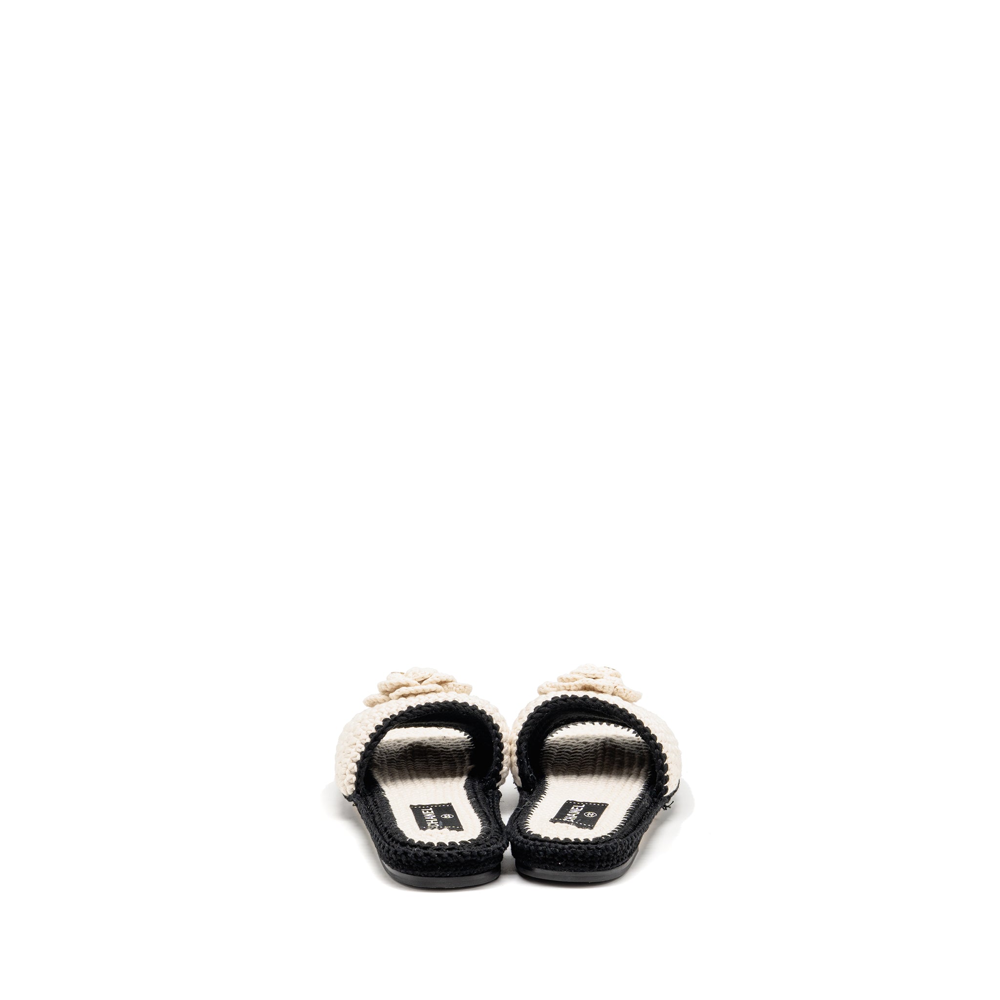 CHANEL 23C CAMELLIA CROCHET MULES SANDALS IVORY / BLACK