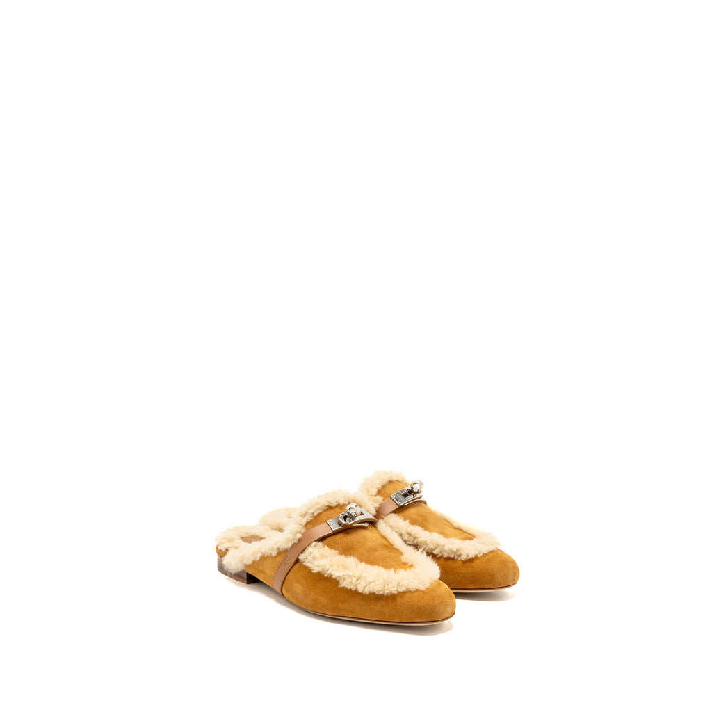 HERMES OZ MULE SUEDE GOATSKIN SHEARLING NATUREL SHW