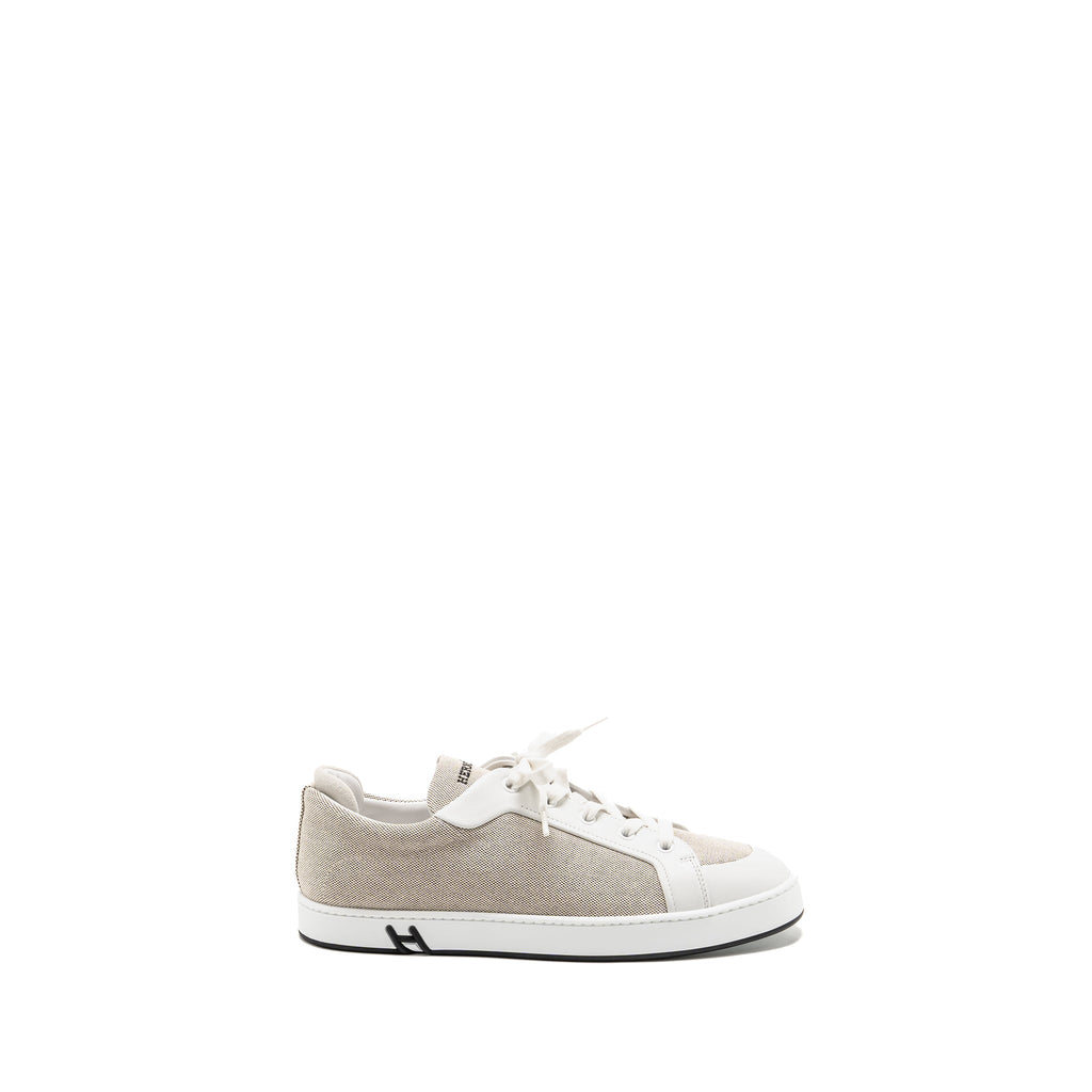 HERMES FEMME KID SNEAKER TOILE H / LEATHER PRUNOIR / BLANC