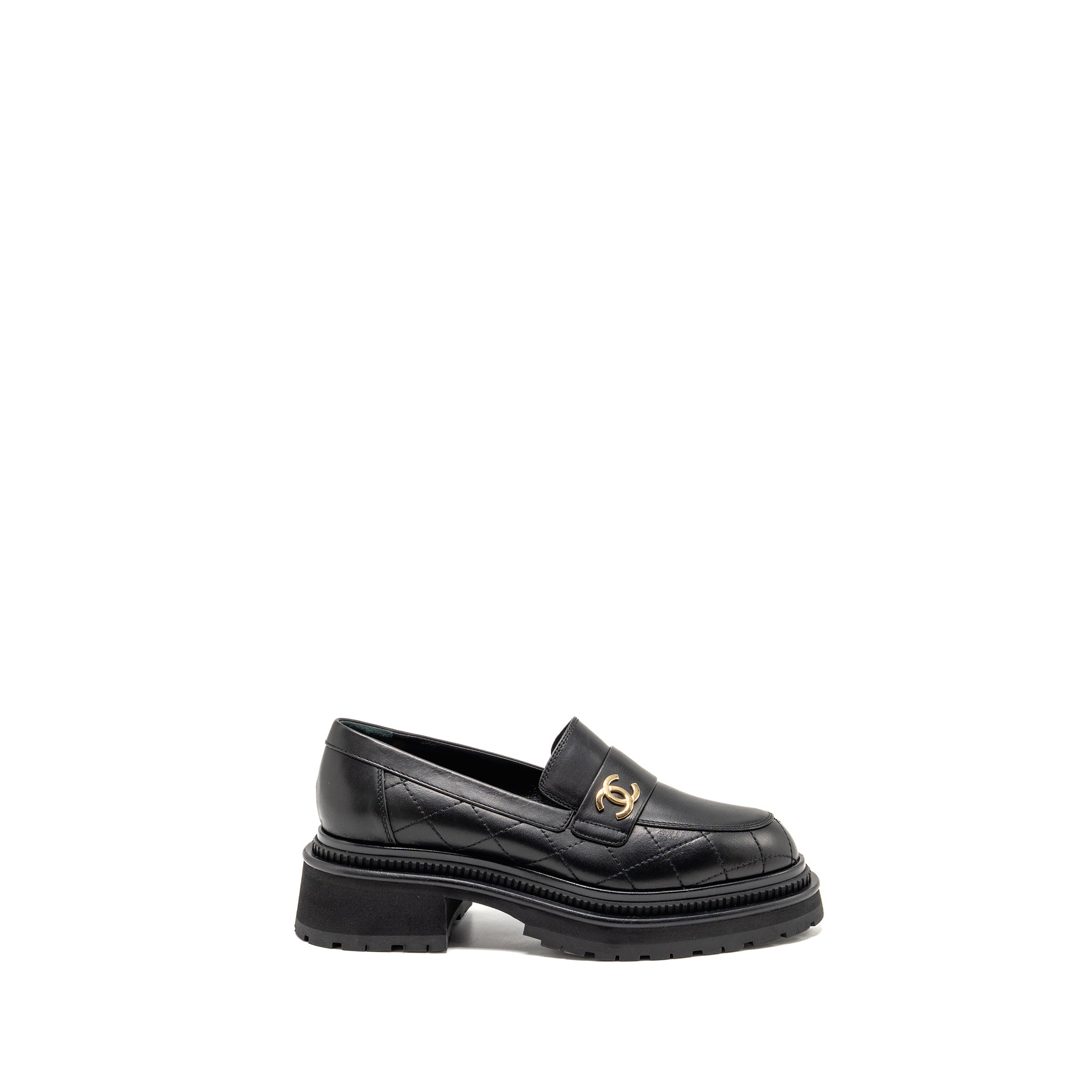 CHANEL 23A QULITED CC PLATFORM LOAFERS BLACK LGHW