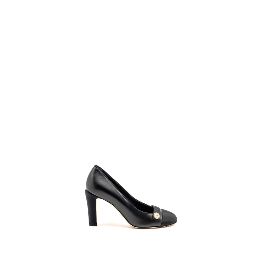 CHANEL CC PEARL PUMPS LEATHER/GROSGRAIN BLACK