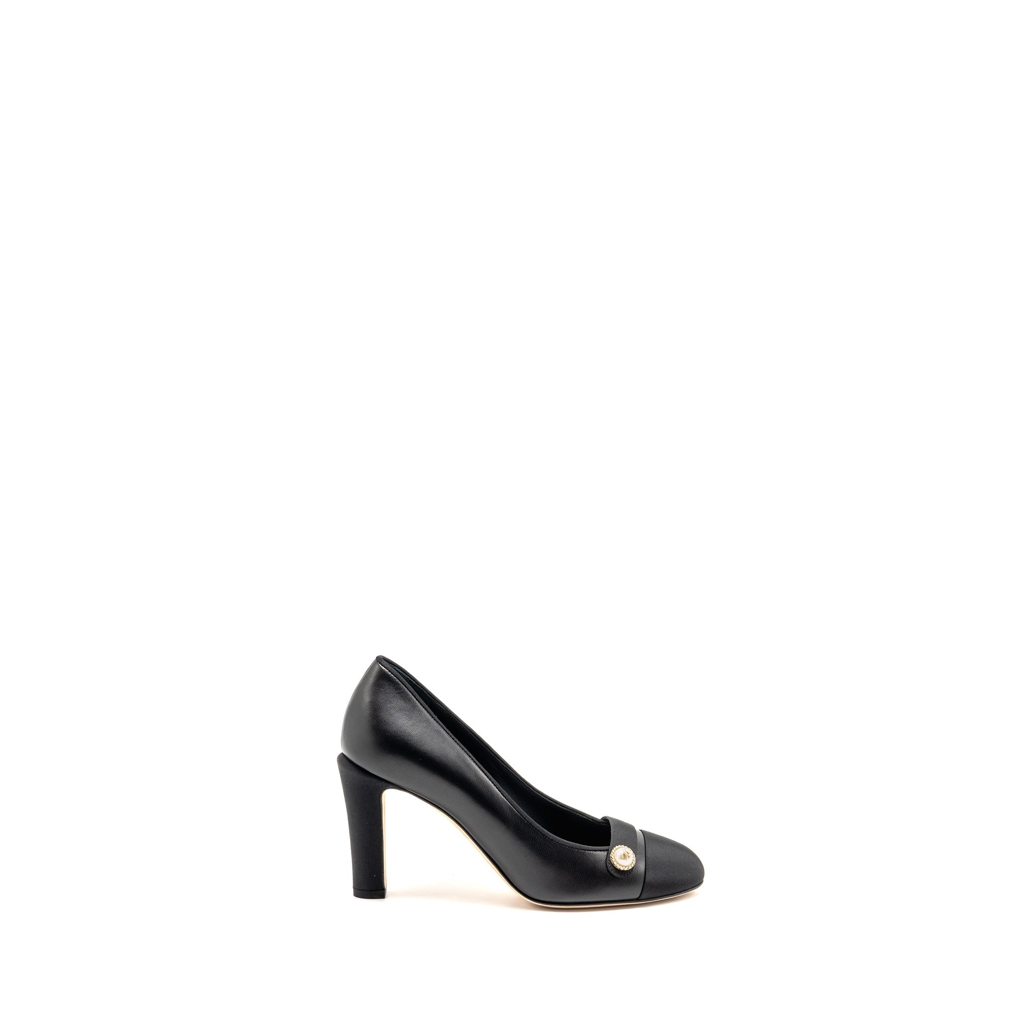 CHANEL CC PEARL PUMPS LEATHER/GROSGRAIN BLACK