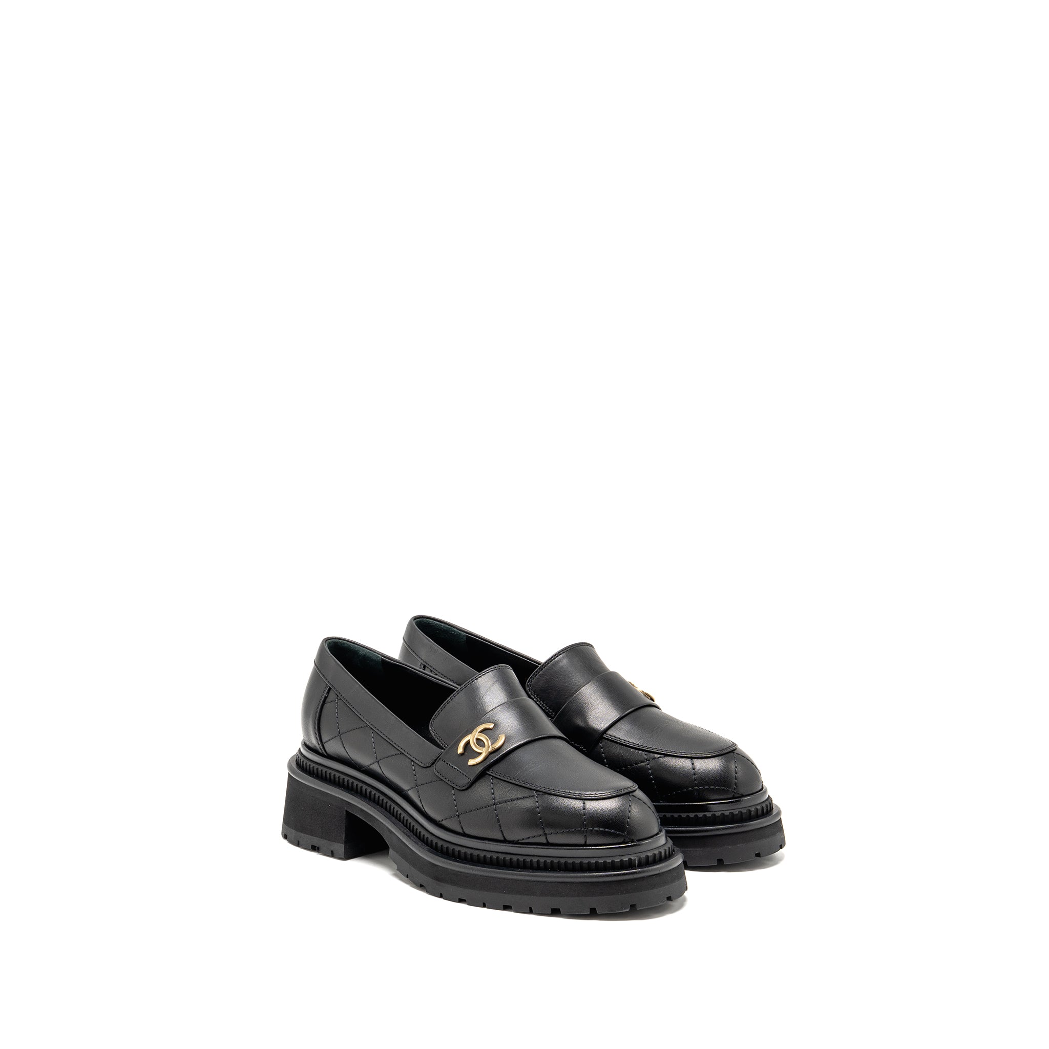 CHANEL 23A QULITED CC PLATFORM LOAFERS BLACK LGHW