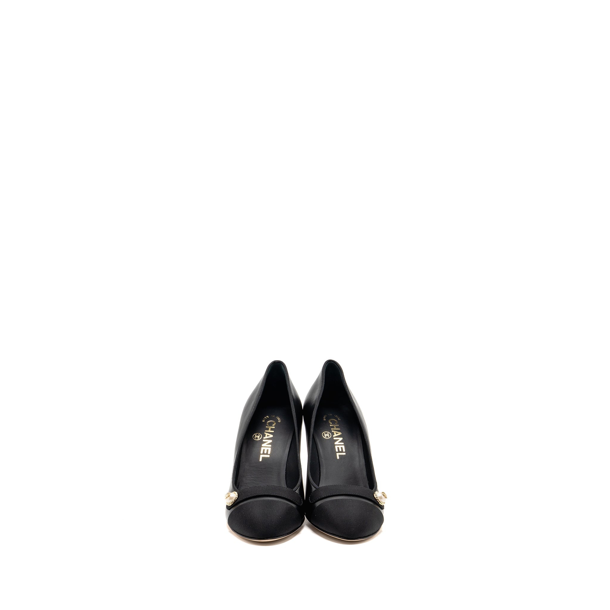CHANEL CC PEARL PUMPS LEATHER/GROSGRAIN BLACK