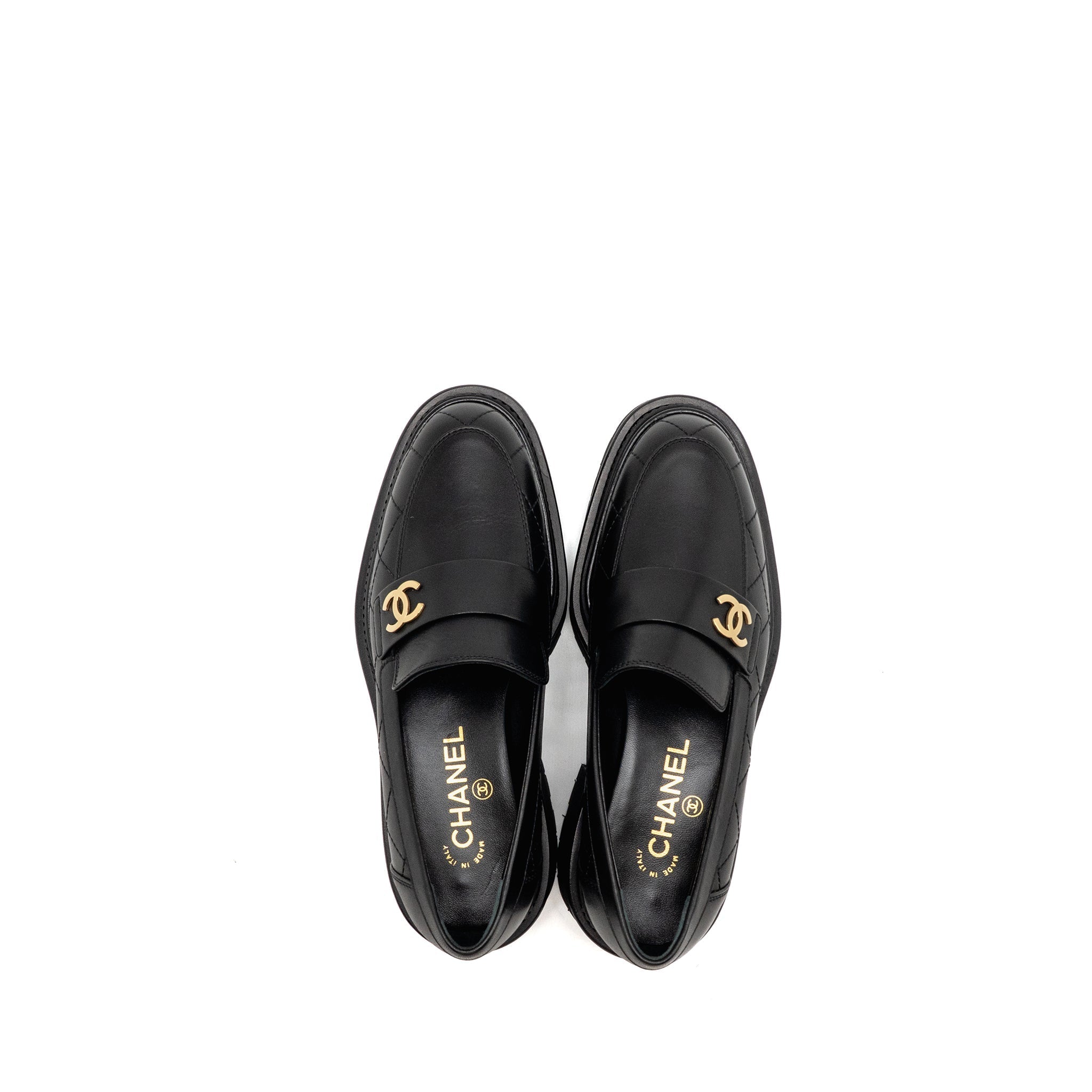 CHANEL 23A QULITED CC PLATFORM LOAFERS BLACK LGHW