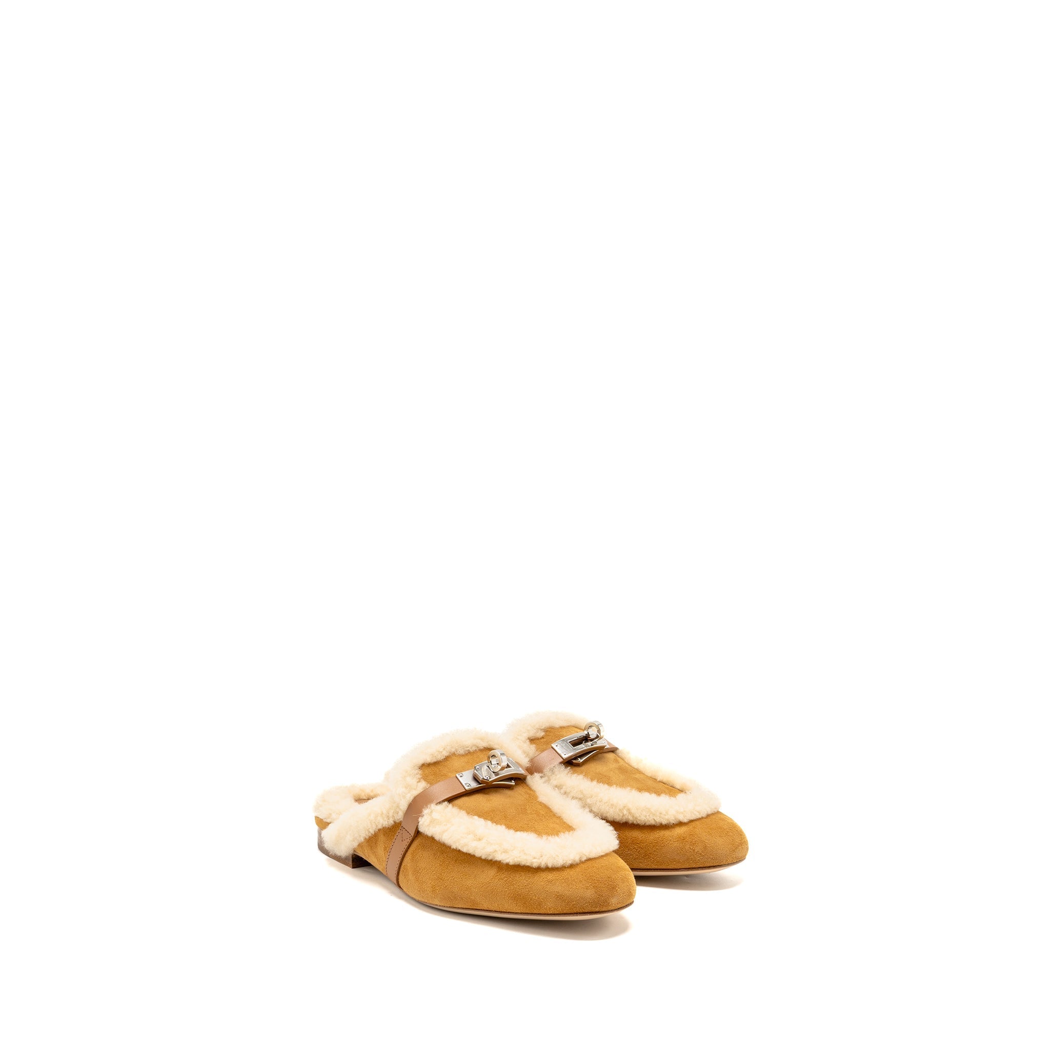 HERMES OZ MULE SUEDE GOATSKIN SHEARLING NATUREL SHW