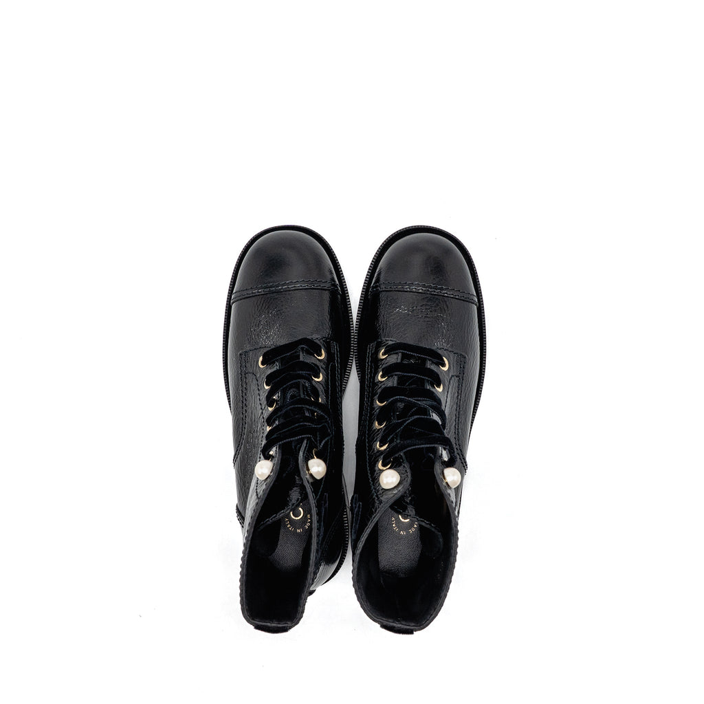 CHANEL LACE UP BOOTS SHINY CALFSKIN BLACK