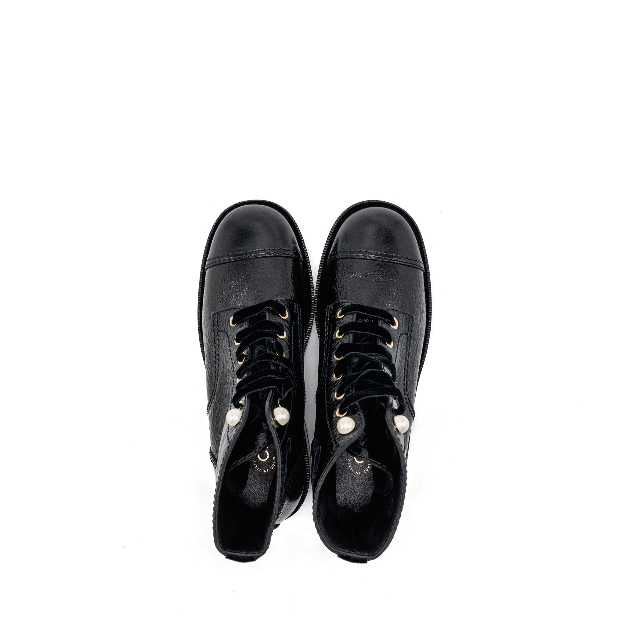CHANEL LACE UP BOOTS SHINY CALFSKIN BLACK