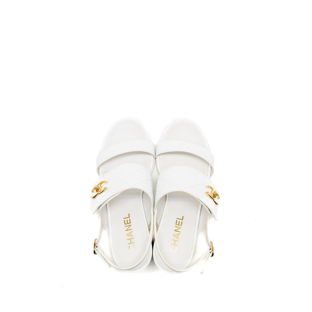 CHANEL 23P CC LOGO SANDALS PATENT GOATSKIN WHITE GHW