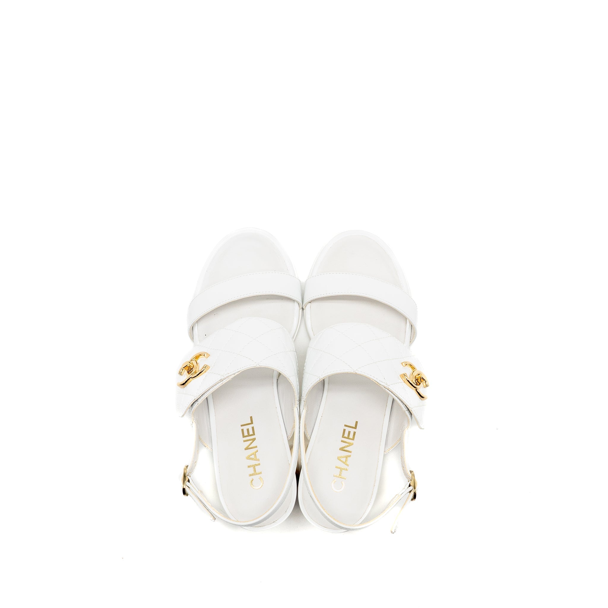 CHANEL 23P CC LOGO SANDALS PATENT GOATSKIN WHITE GHW