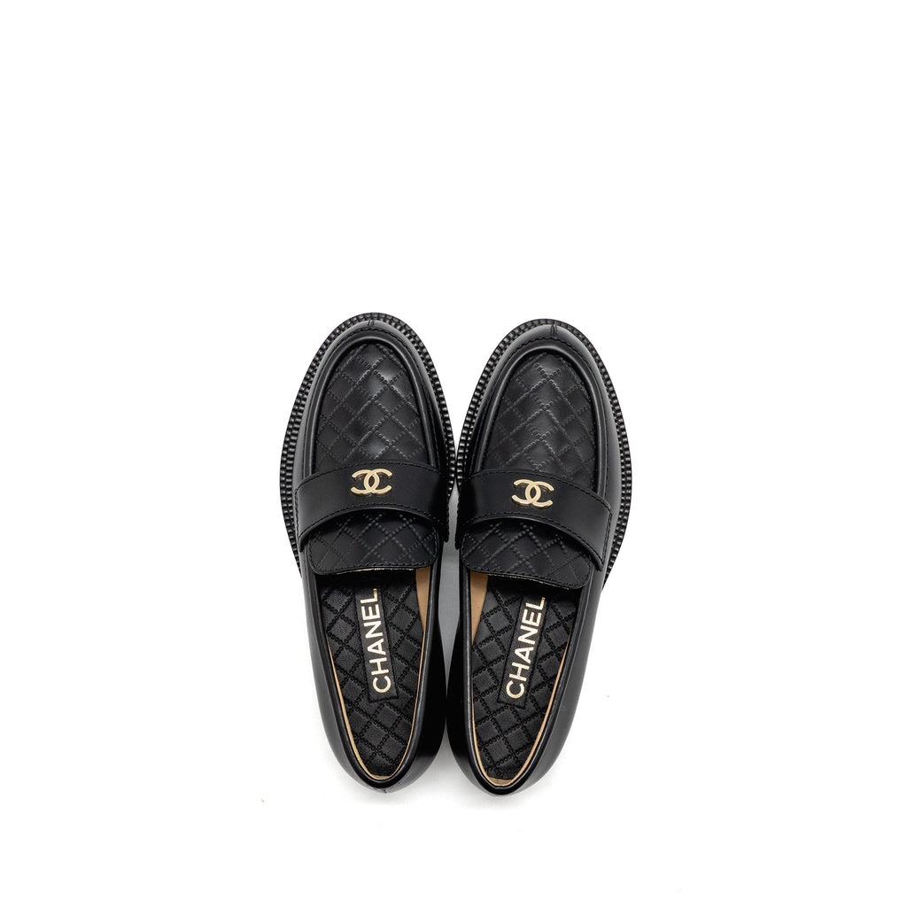 CHANEL CC QUILTED LOAFERS LEATHER BLACK LGHW