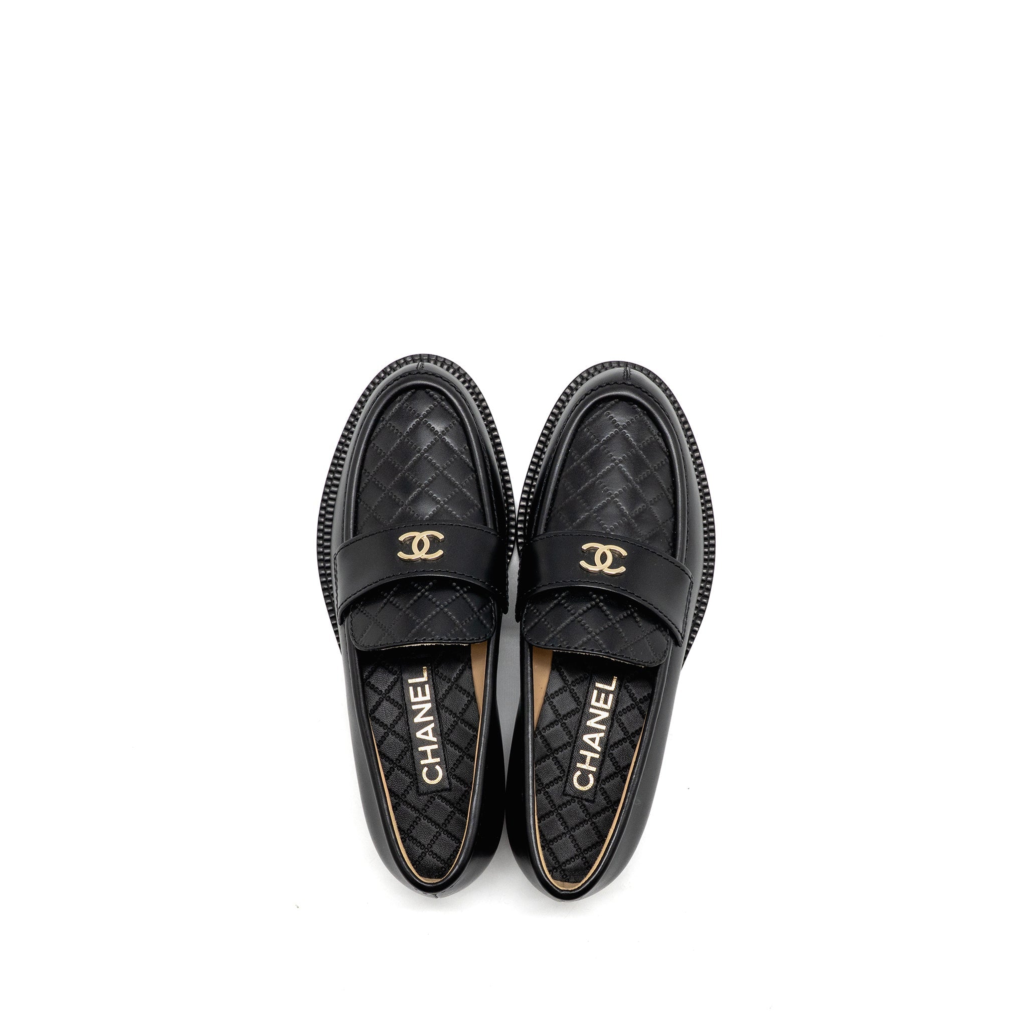 CHANEL CC QUILTED LOAFERS LEATHER BLACK LGHW