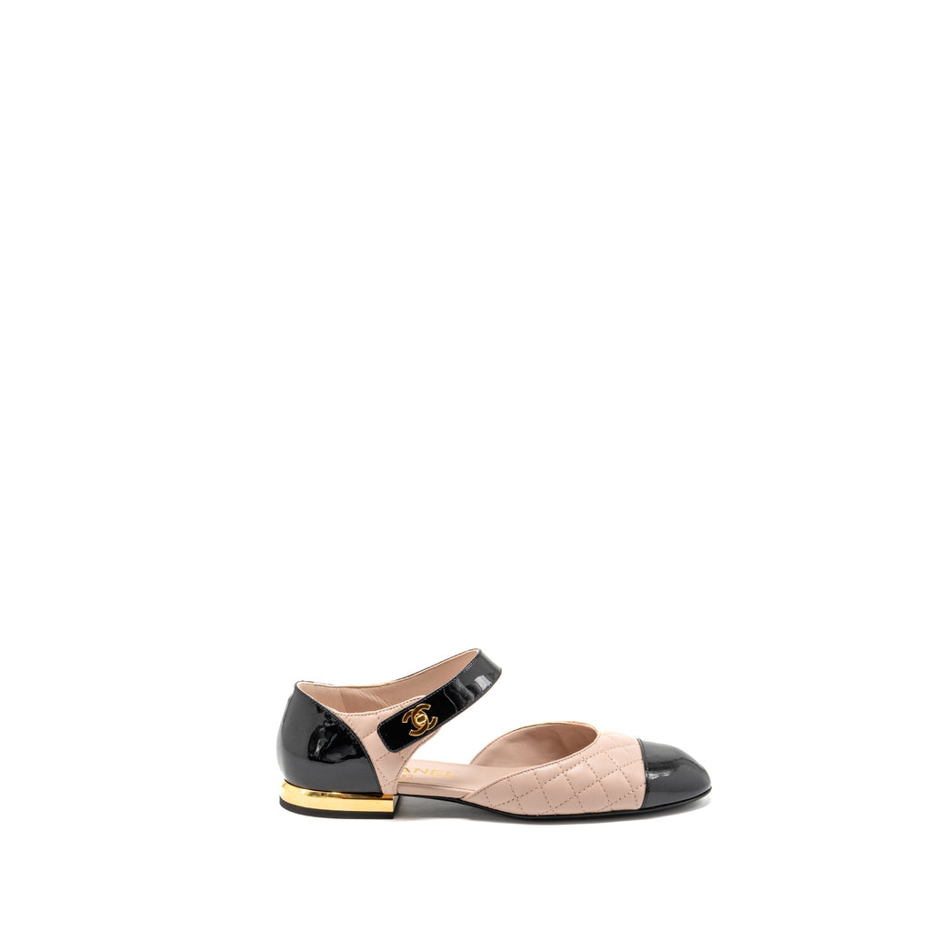 CHANEL MARY JANES BALLET FLATS LEATHER/PATENT BLACK/LIGHT PINK GHW