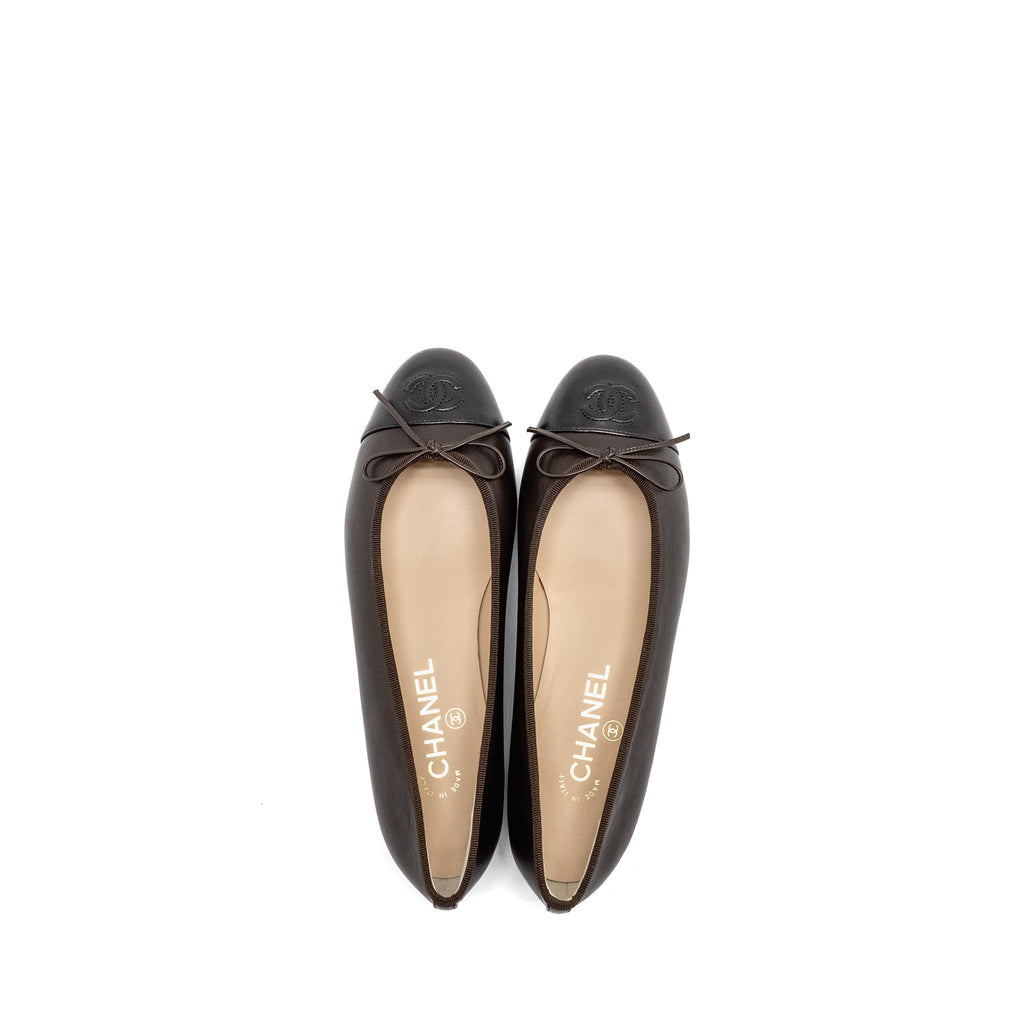 CHANEL BALLET FLATS LAMBSKIN BROWN/BLACK