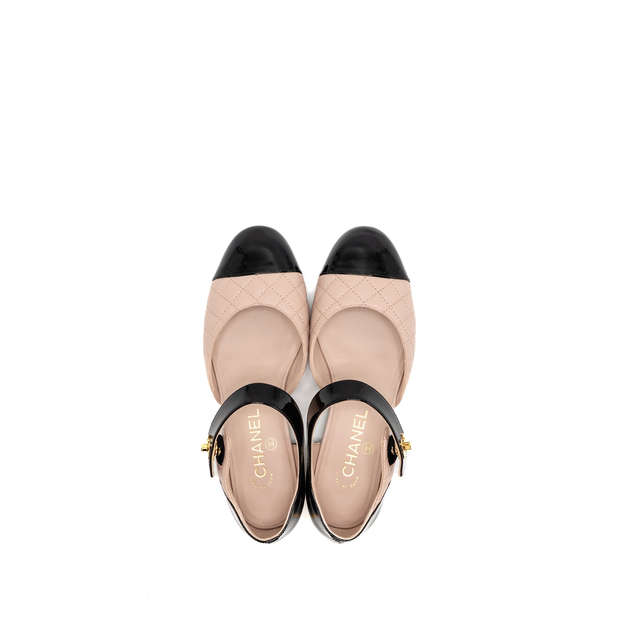 CHANEL MARY JANES BALLET FLATS LEATHER/PATENT BLACK/LIGHT PINK GHW