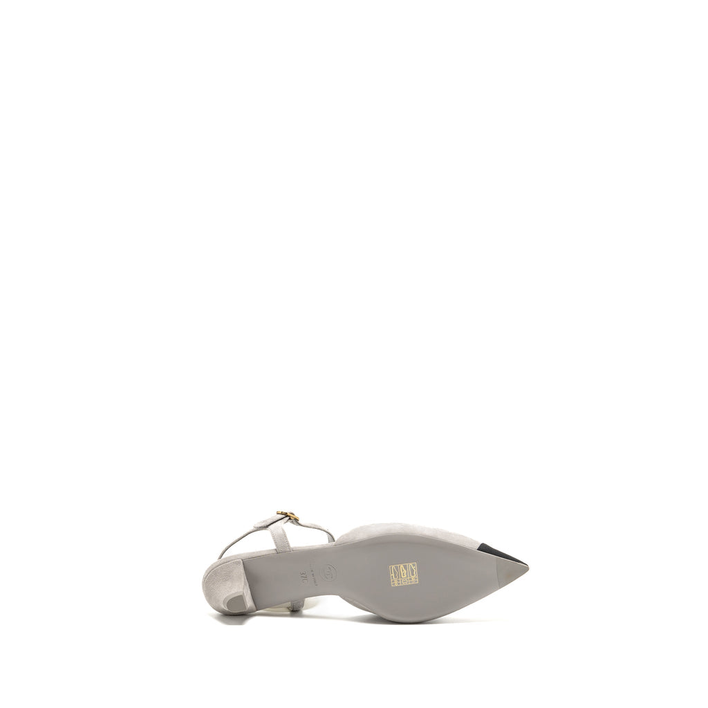 CHANEL SLINGBACKS SHOES SUEDE KIDSKIN/GROSGRAIN BLACK/LIGHT GREY GHW