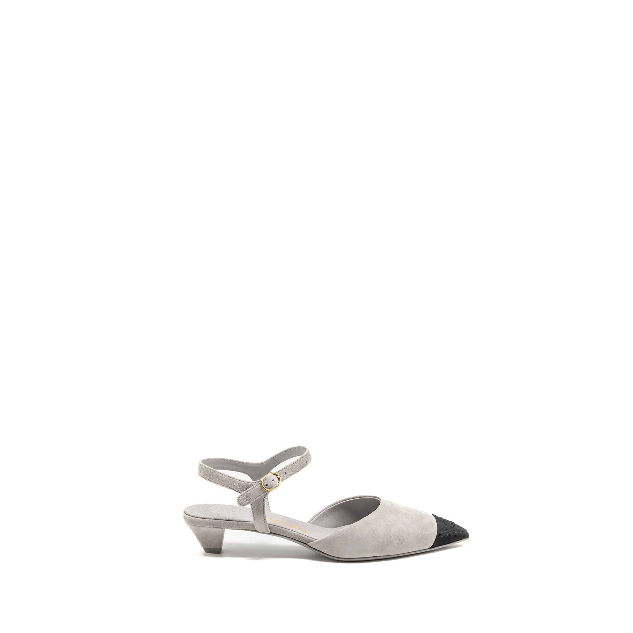 CHANEL SLINGBACKS SHOES SUEDE KIDSKIN/GROSGRAIN BLACK/LIGHT GREY GHW