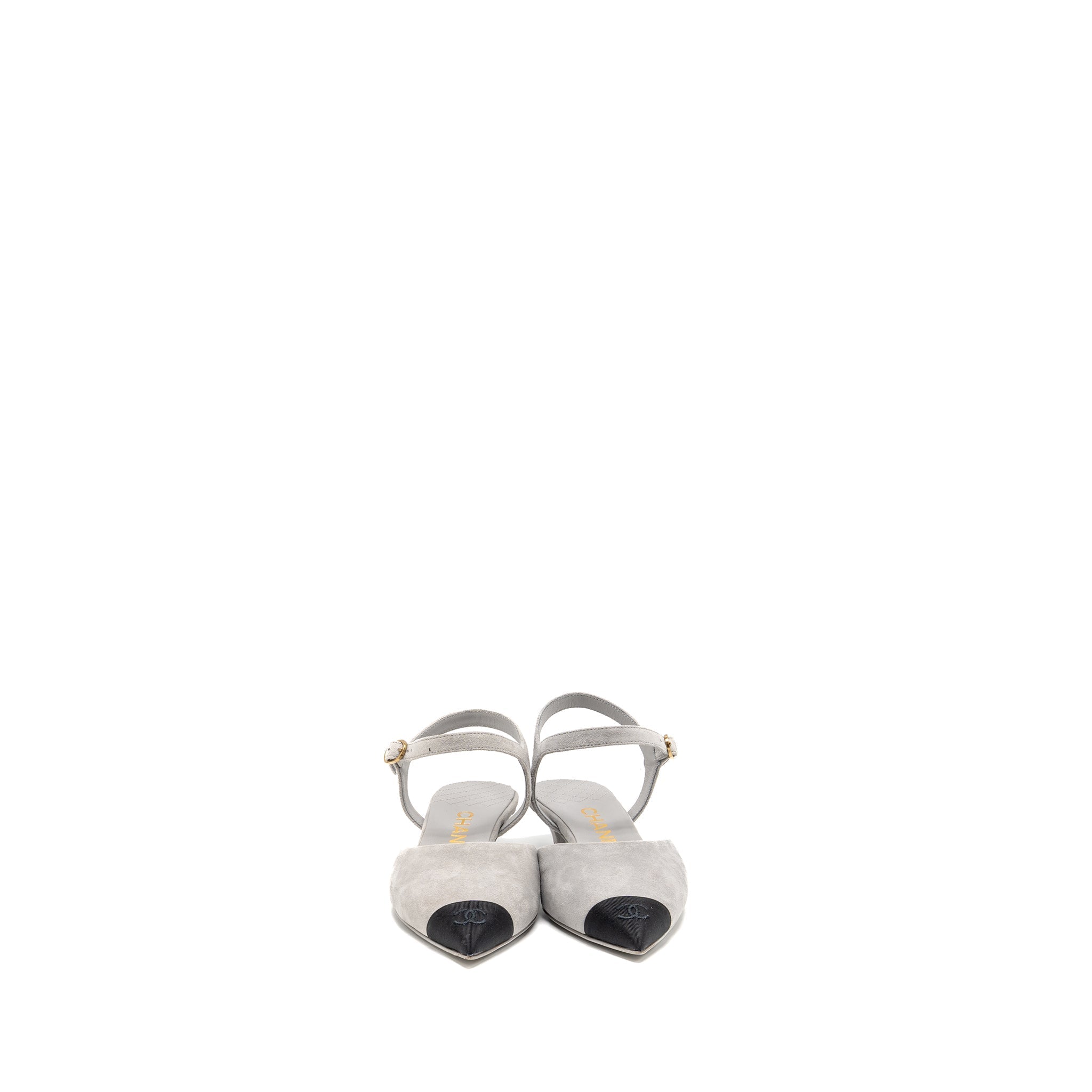 CHANEL SLINGBACKS SHOES SUEDE KIDSKIN/GROSGRAIN BLACK/LIGHT GREY GHW