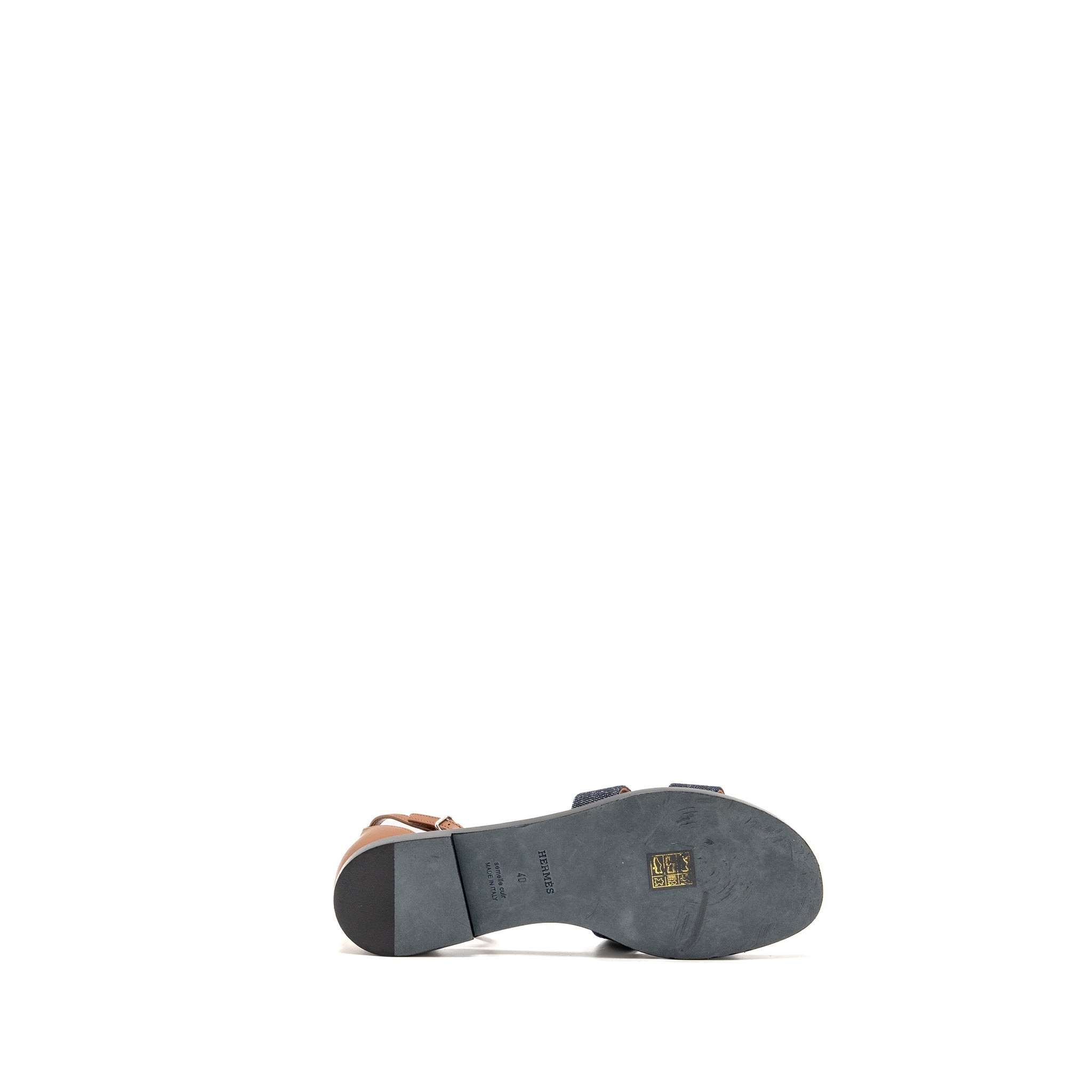 HERMES SANTORINI SANDALS DENIM/LEATHER BLEU BRUT / GOLD SHW